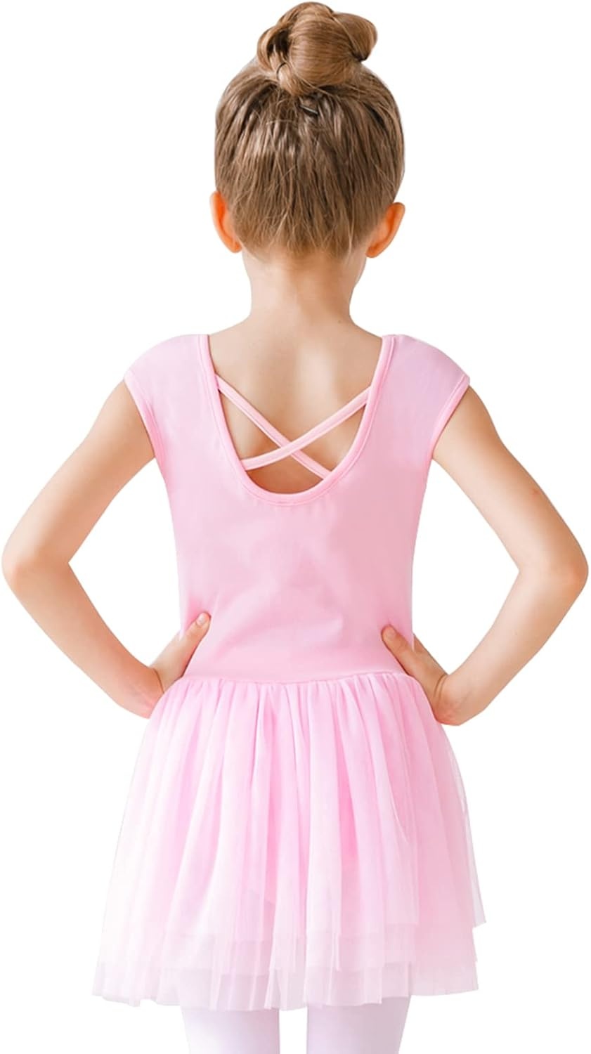 Stelle Puff Sleeve Ballet Leotards for Girls with Sparkly Tutu Skirted Toddler Dance Dress Outfit(02-sleeveless-ballet Pink)