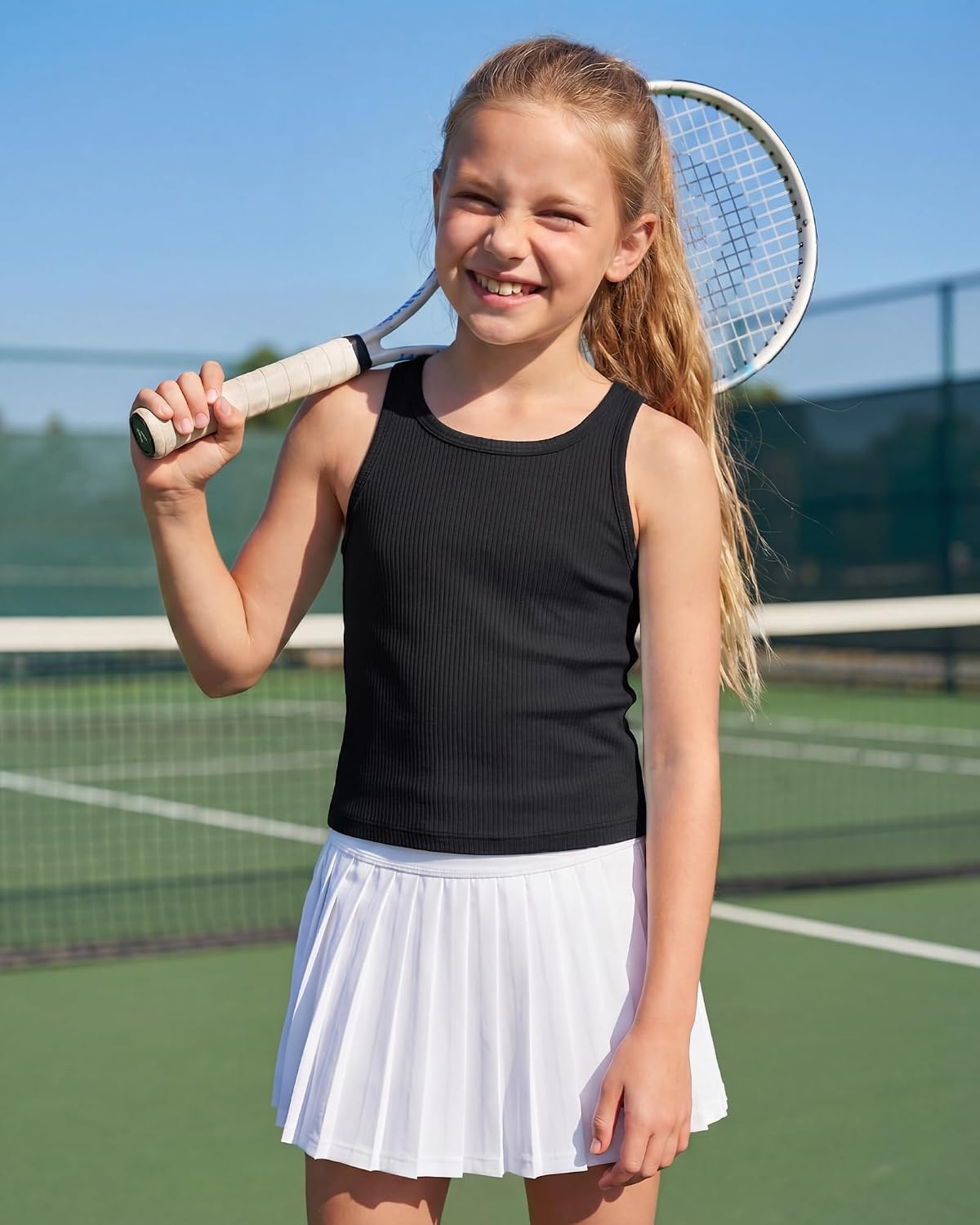 Stelle Girls Athletic Tank Top for Dance Sports 6-15Y | Sleeveless, High Neck, Sleek Racerback, Waist Length, Tight Fit, Breathable, Ribbed Crop Tops for Teen Girl Kids(Black)