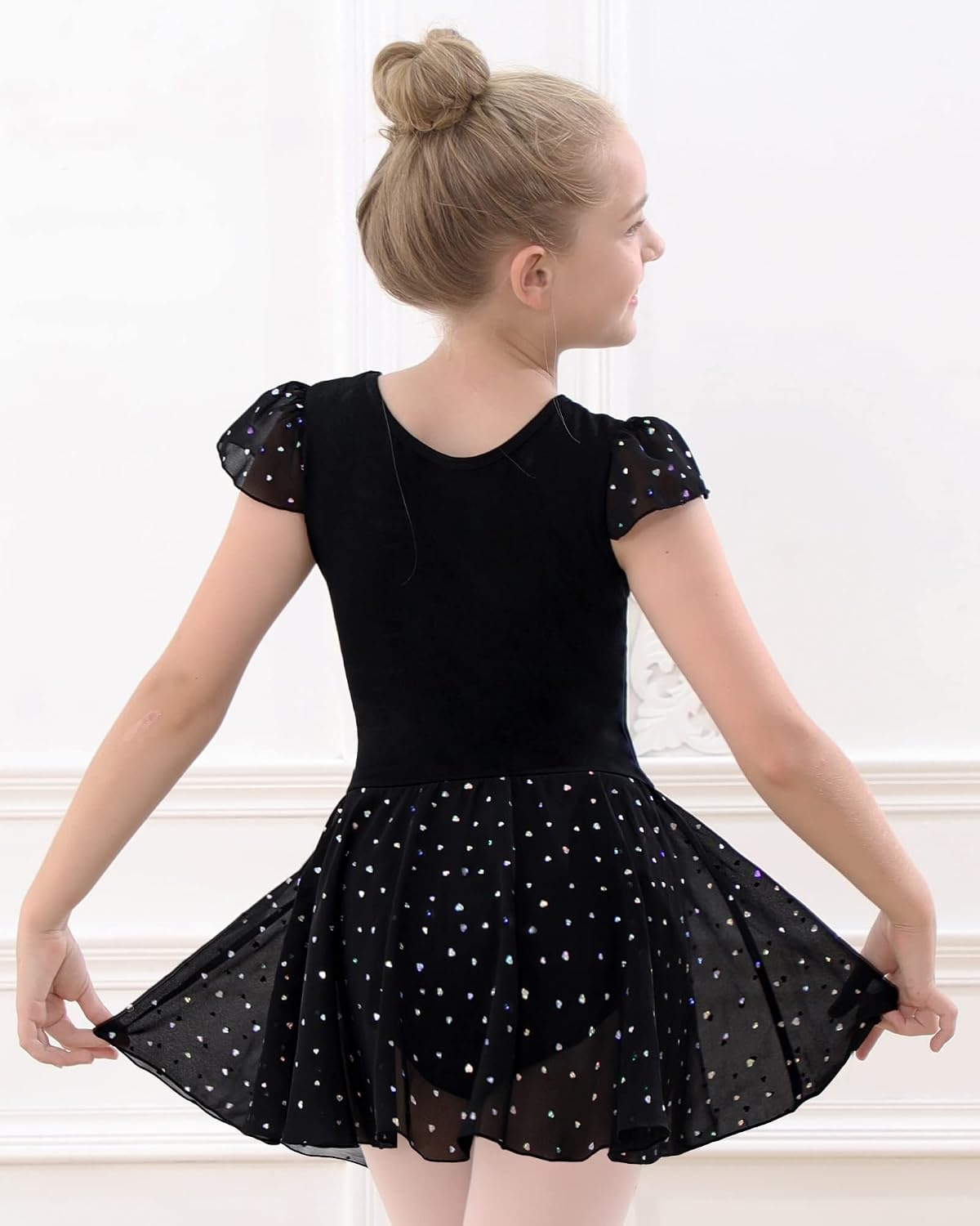 Stelle Ballet Leotards for Girls Dance Leotard with Skirt Kids Dance Dress | Ballet Dress for Toddler Girls, Ruffle Sleeve, Chiffon Skirt, Dance Costume for Performances, Birthday Party, Daily Wear(1-black(shiny Skirt))