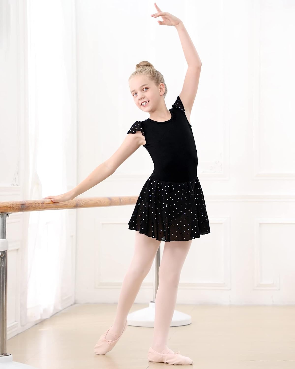 Stelle Ballet Leotards for Girls Dance Leotard with Skirt Kids Dance Dress | Ballet Dress for Toddler Girls, Ruffle Sleeve, Chiffon Skirt, Dance Costume for Performances, Birthday Party, Daily Wear(1-black(shiny Skirt))