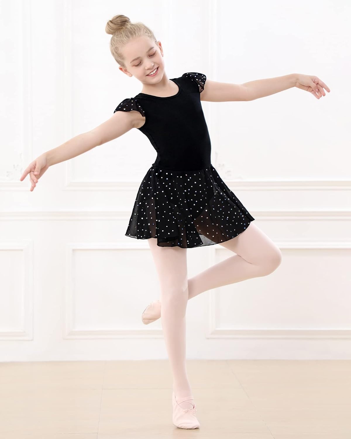 Stelle Ballet Leotards for Girls Dance Leotard with Skirt Kids Dance Dress | Ballet Dress for Toddler Girls, Ruffle Sleeve, Chiffon Skirt, Dance Costume for Performances, Birthday Party, Daily Wear(1-black(shiny Skirt))