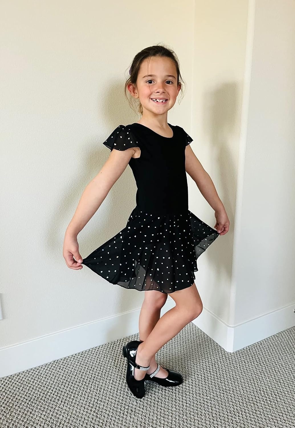 Stelle Ballet Leotards for Girls Dance Leotard with Skirt Kids Dance Dress | Ballet Dress for Toddler Girls, Ruffle Sleeve, Chiffon Skirt, Dance Costume for Performances, Birthday Party, Daily Wear(1-black(shiny Skirt))