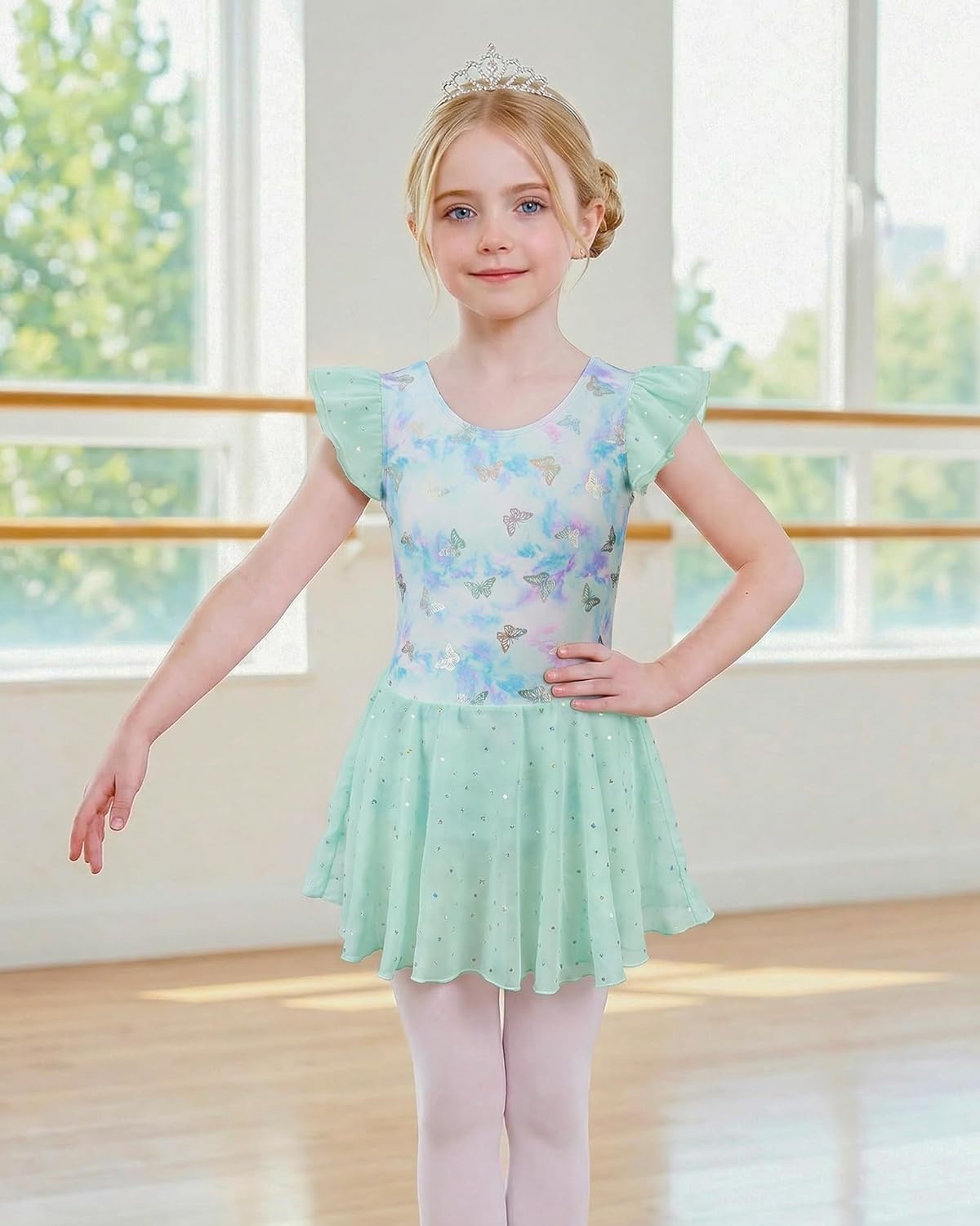 Stelle Ballet Leotards for Girls Toddler Dance Leotard Shiny Flutter Sleeve Ballet Dresses Gymnastic Ballerina Outfit(Butterfly Mist)