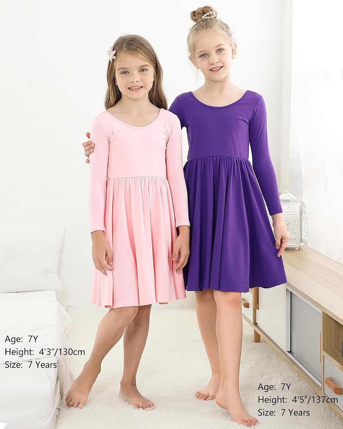 Stelle Girls Cotton Long Sleeve Dress Twirl Skater Dress 3-12Y | Criss Cross Back,A Line,Crew Neck,Cotton Dress for Tie Dye School Dance Casual Birthday Christmas Easter Spring Fall Winter(Pink)
