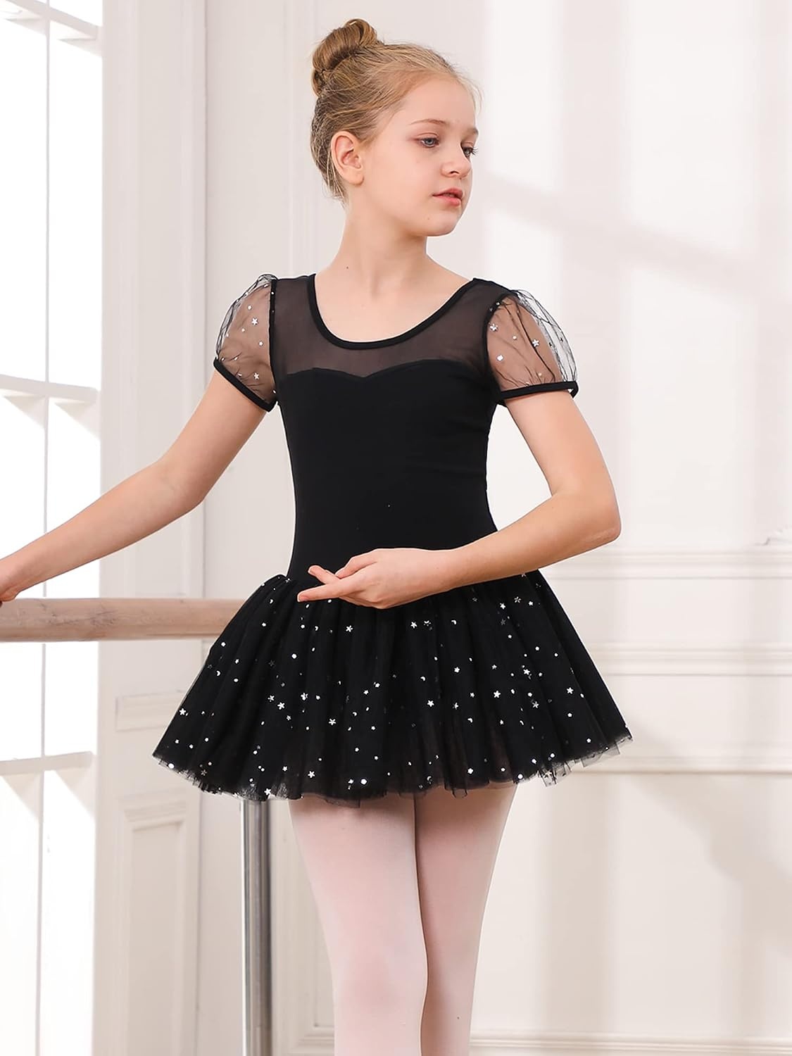 Stelle Puff Sleeve Ballet Leotards for Girls with Sparkly Tutu Skirted Toddler Dance Dress Outfit(01-puff Sleeve-black)