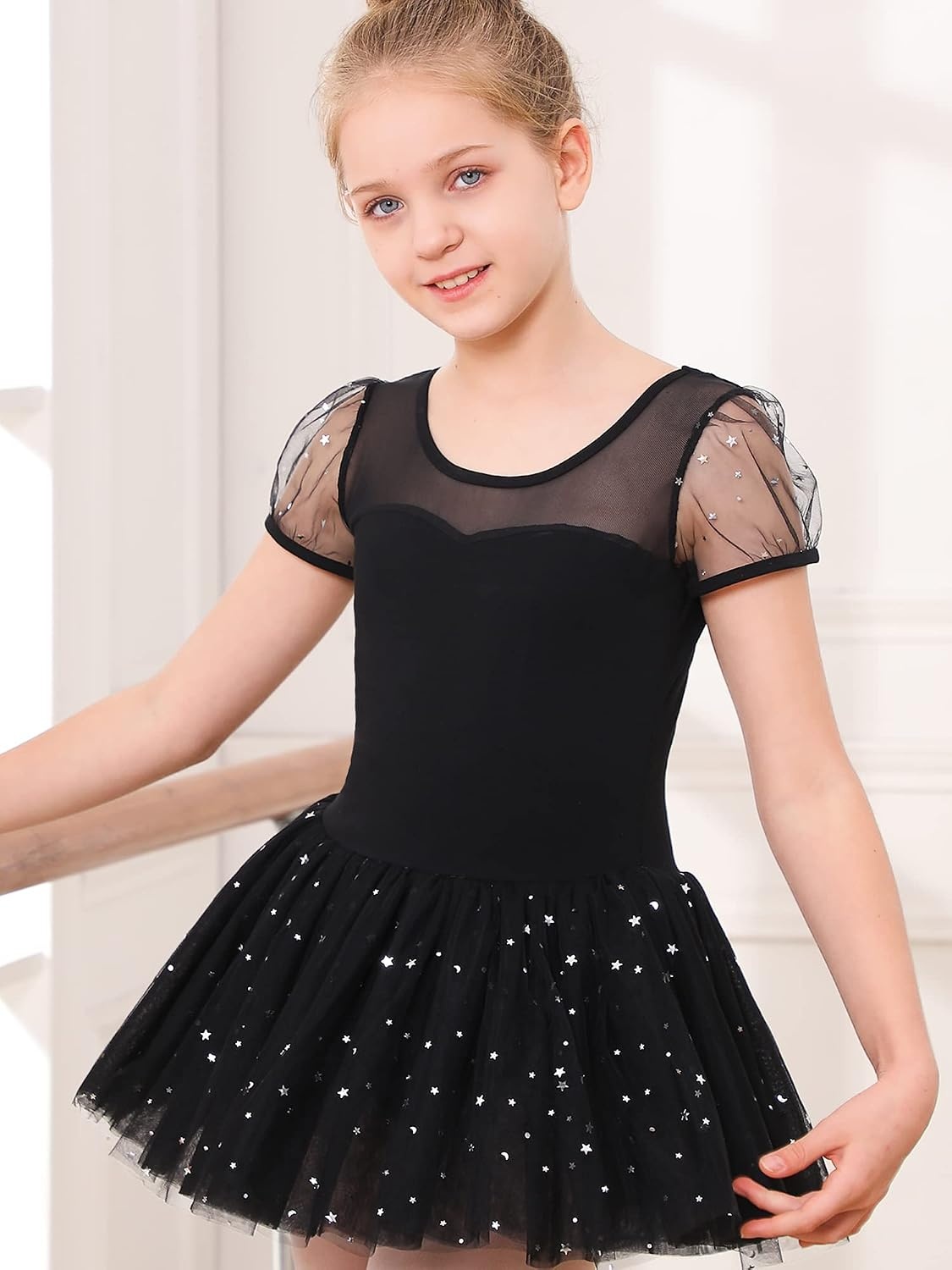 Stelle Puff Sleeve Ballet Leotards for Girls with Sparkly Tutu Skirted Toddler Dance Dress Outfit(01-puff Sleeve-black)