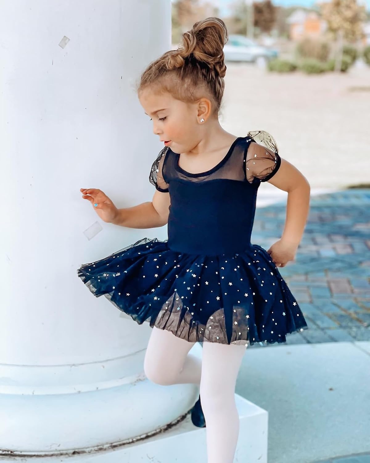 Stelle Puff Sleeve Ballet Leotards for Girls with Sparkly Tutu Skirted Toddler Dance Dress Outfit(01-puff Sleeve-black)