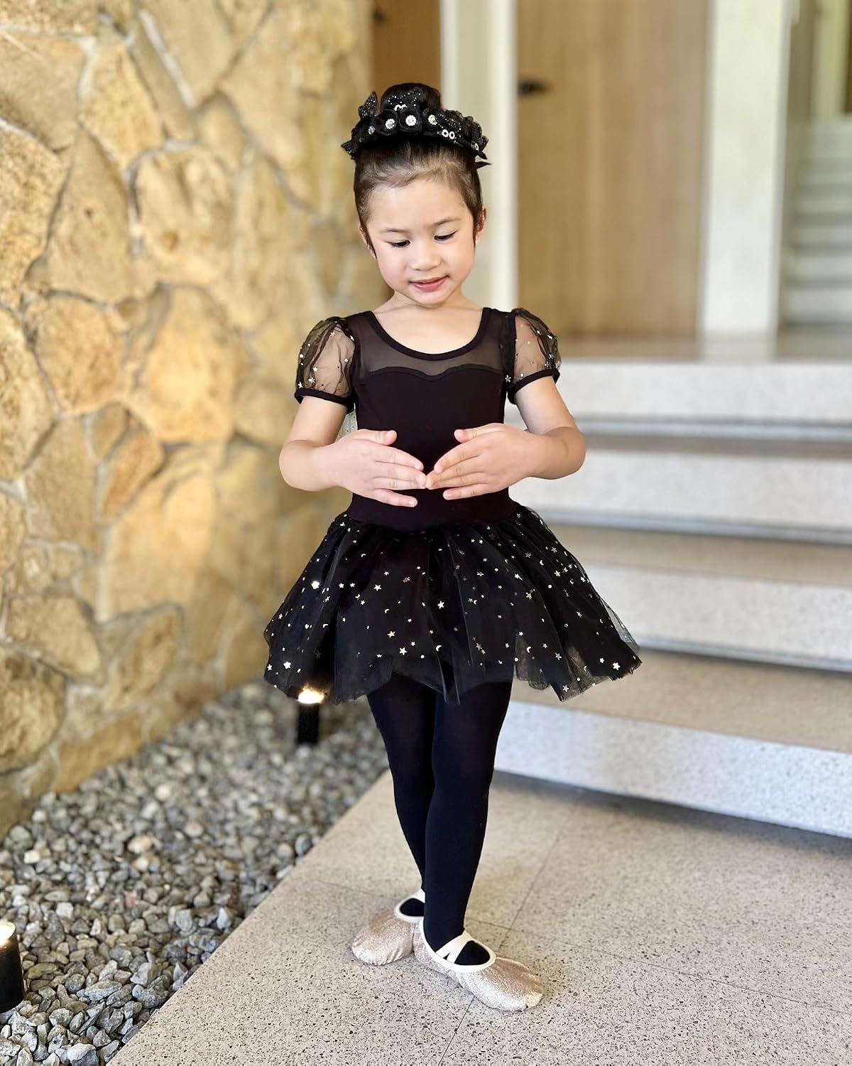 Stelle Puff Sleeve Ballet Leotards for Girls with Sparkly Tutu Skirted Toddler Dance Dress Outfit(01-puff Sleeve-black)