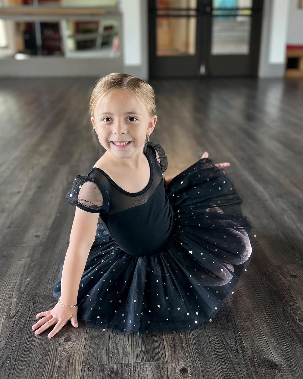 Stelle Puff Sleeve Ballet Leotards for Girls with Sparkly Tutu Skirted Toddler Dance Dress Outfit(01-puff Sleeve-black)