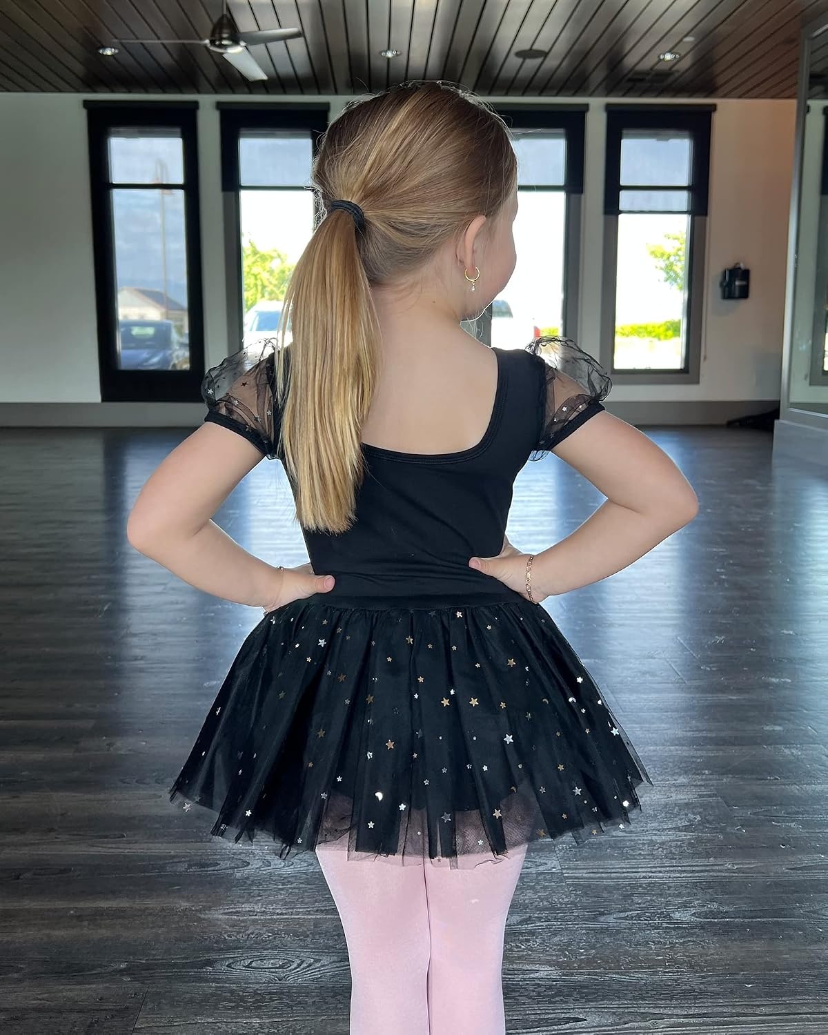 Stelle Puff Sleeve Ballet Leotards for Girls with Sparkly Tutu Skirted Toddler Dance Dress Outfit(01-puff Sleeve-black)