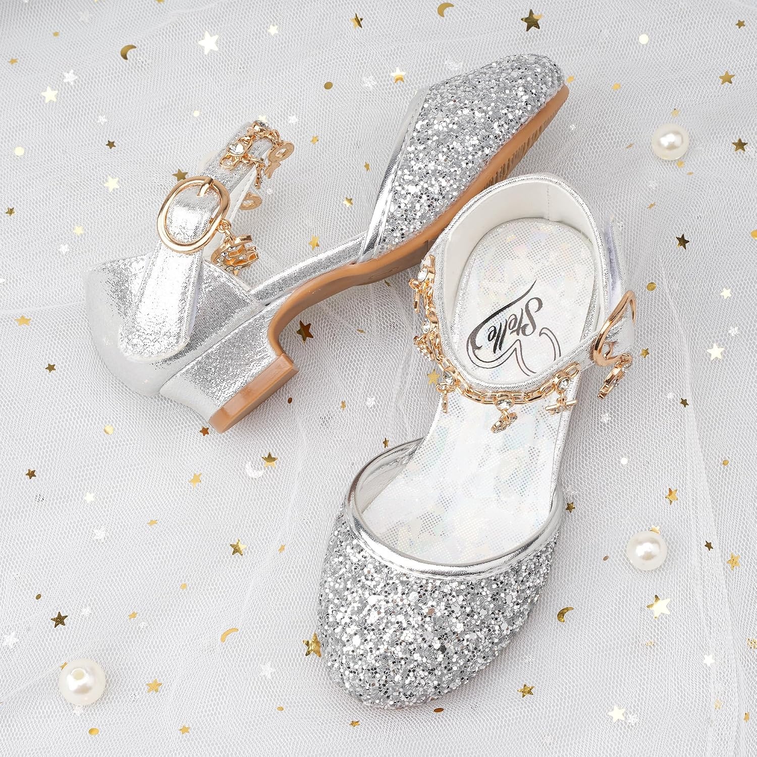 Stelle Girls Glitter Charm Dress Shoes Sequins Princess Heels for Party | Sparkle finish, Decorative charms, Cushioned comfort, Flexible outsole, Dress-up, Special occasions, Comfortable fit(Silver Glitter)