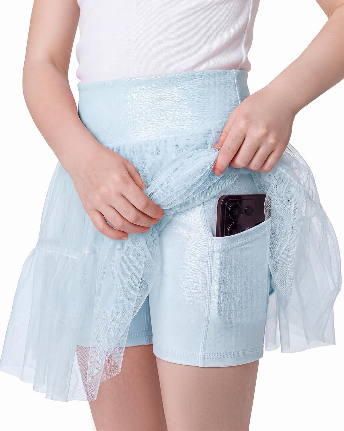 Stelle Girls Tutu Skirt with Metallic Short Tulle Ballet Dance Skort(Light Blue)