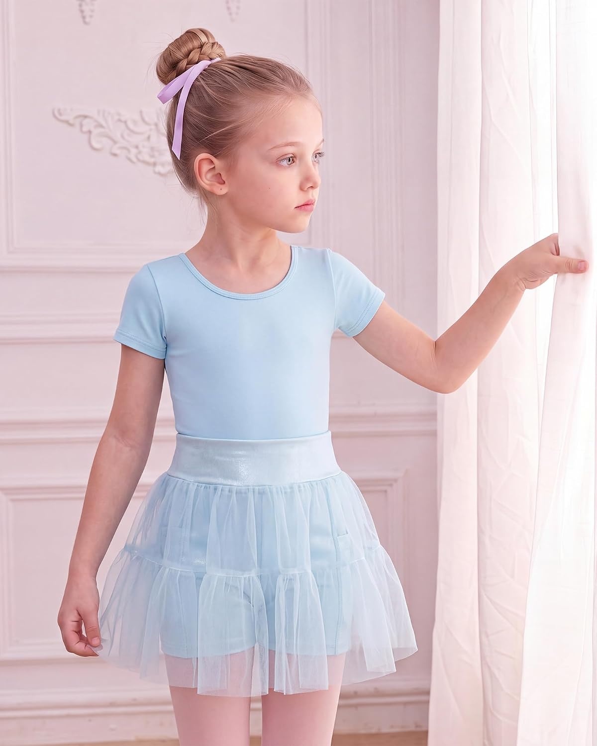 Stelle Girls Tutu Skirt with Metallic Short Tulle Ballet Dance Skort(Light Blue)
