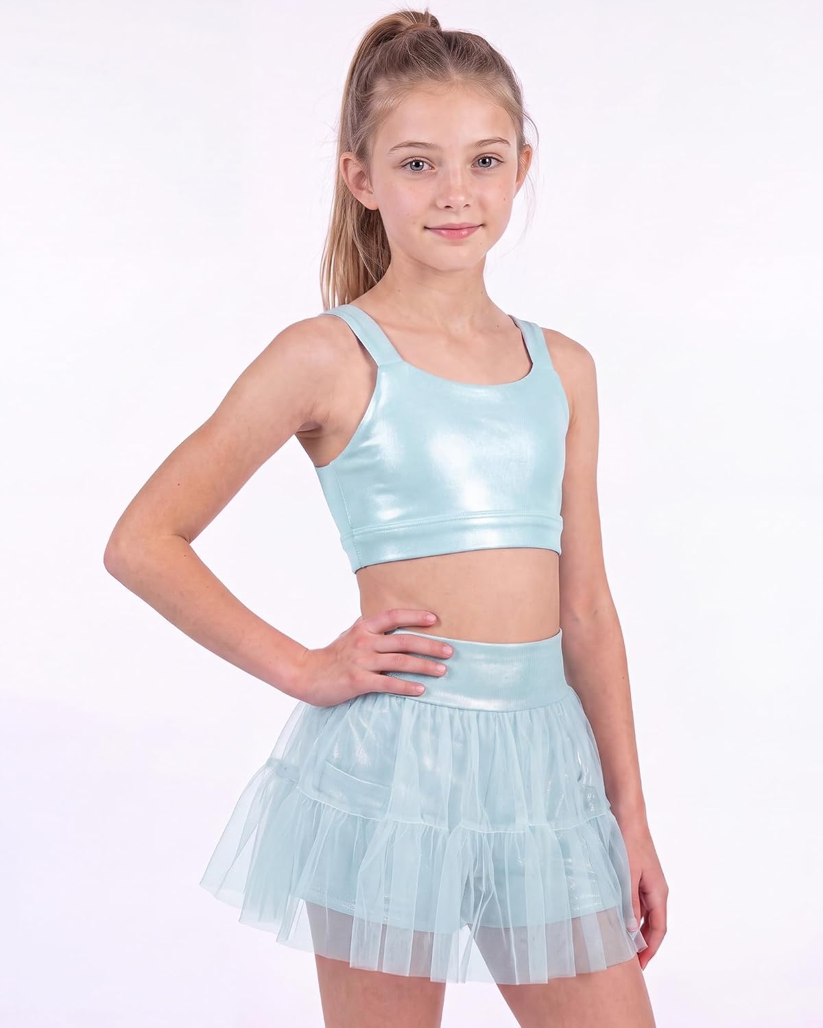 Stelle Girls Tutu Skirt with Metallic Short Tulle Ballet Dance Skort(Light Blue)