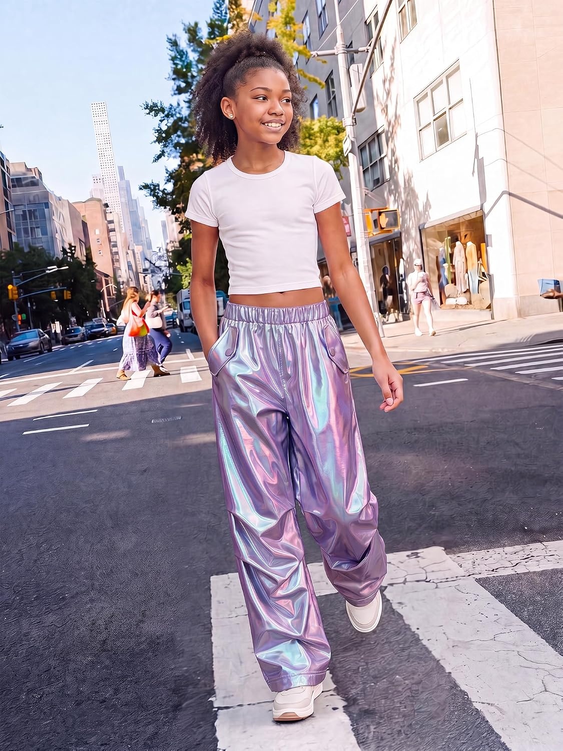 Stelle Girls Metallic Hip Hop Pants Shiny Cargo Joggers Pant(Iridescent Purple)