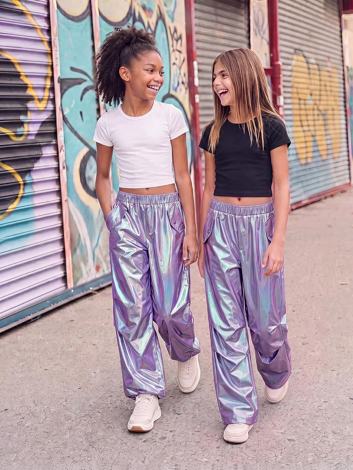 Stelle Girls Metallic Hip Hop Pants Shiny Cargo Joggers Pant(Iridescent Purple)