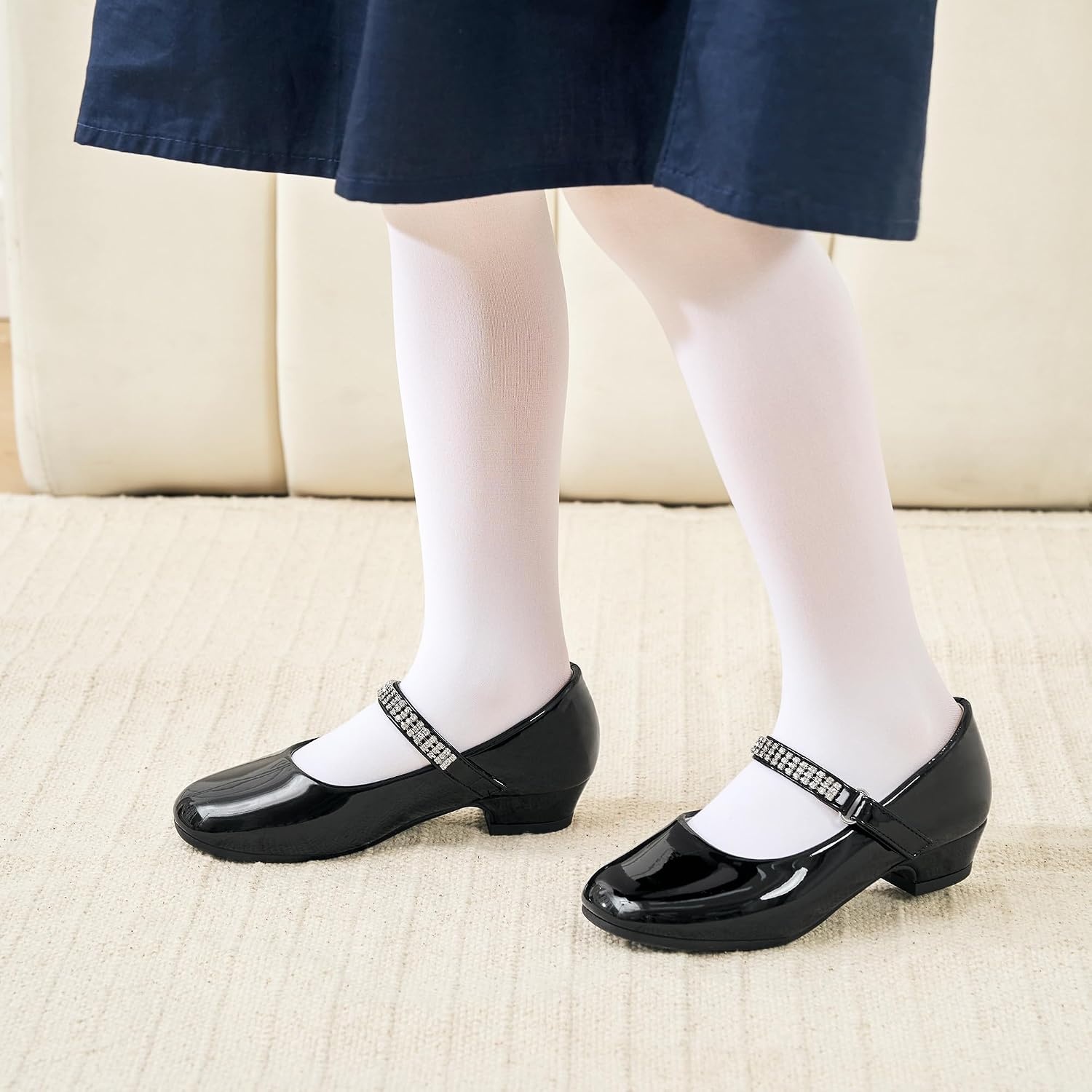 Stelle Girls Mary Jane Dress Shoes Low Heel Glitter Patent Bow Kids Party Wedding Flower Girl School Shoes(Toddler/Little/Big Kid)(Classic Patent-black(chain))