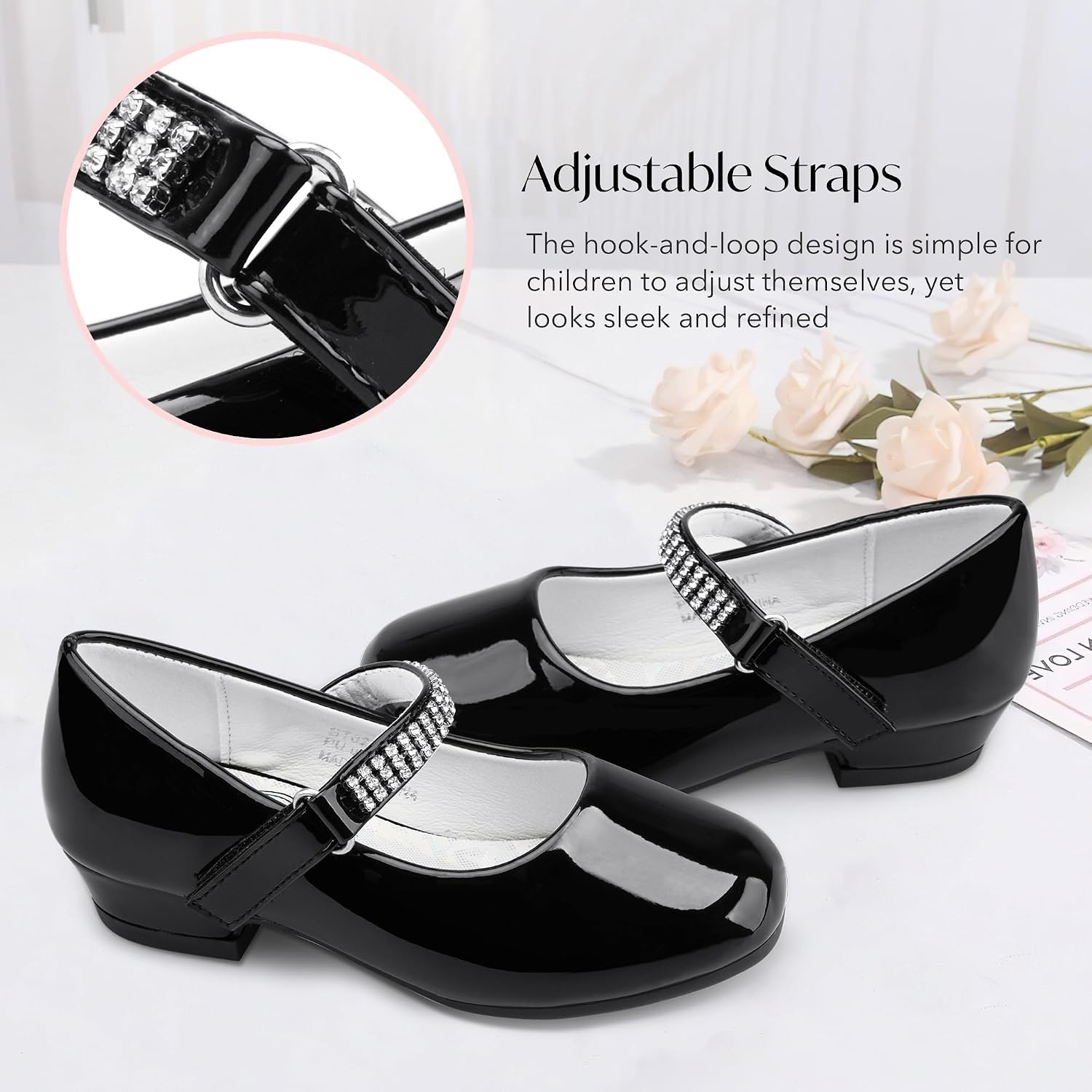 Stelle Girls Mary Jane Dress Shoes Low Heel Glitter Patent Bow Kids Party Wedding Flower Girl School Shoes(Toddler/Little/Big Kid)(Classic Patent-black(chain))