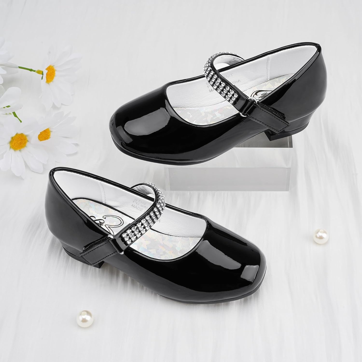 Stelle Girls Mary Jane Dress Shoes Low Heel Glitter Patent Bow Kids Party Wedding Flower Girl School Shoes(Toddler/Little/Big Kid)(Classic Patent-black(chain))