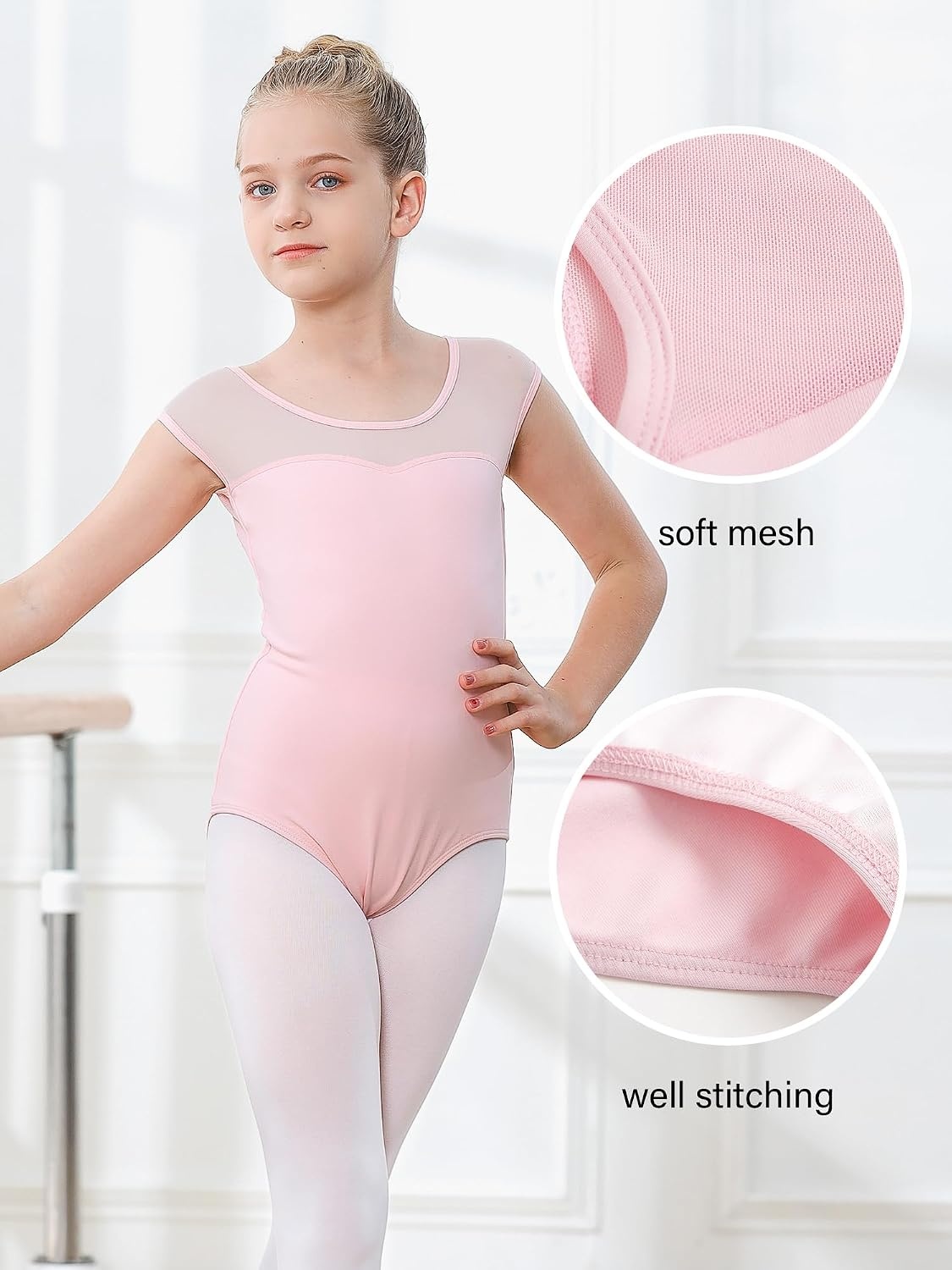 Stelle Leotards for Girls Ballet Dance Leotard Mesh Short Sleeve Gymnastics Outfits for Toddler/Little/Big Kids(Ballet Pink (Mesh Cap Sleeves))
