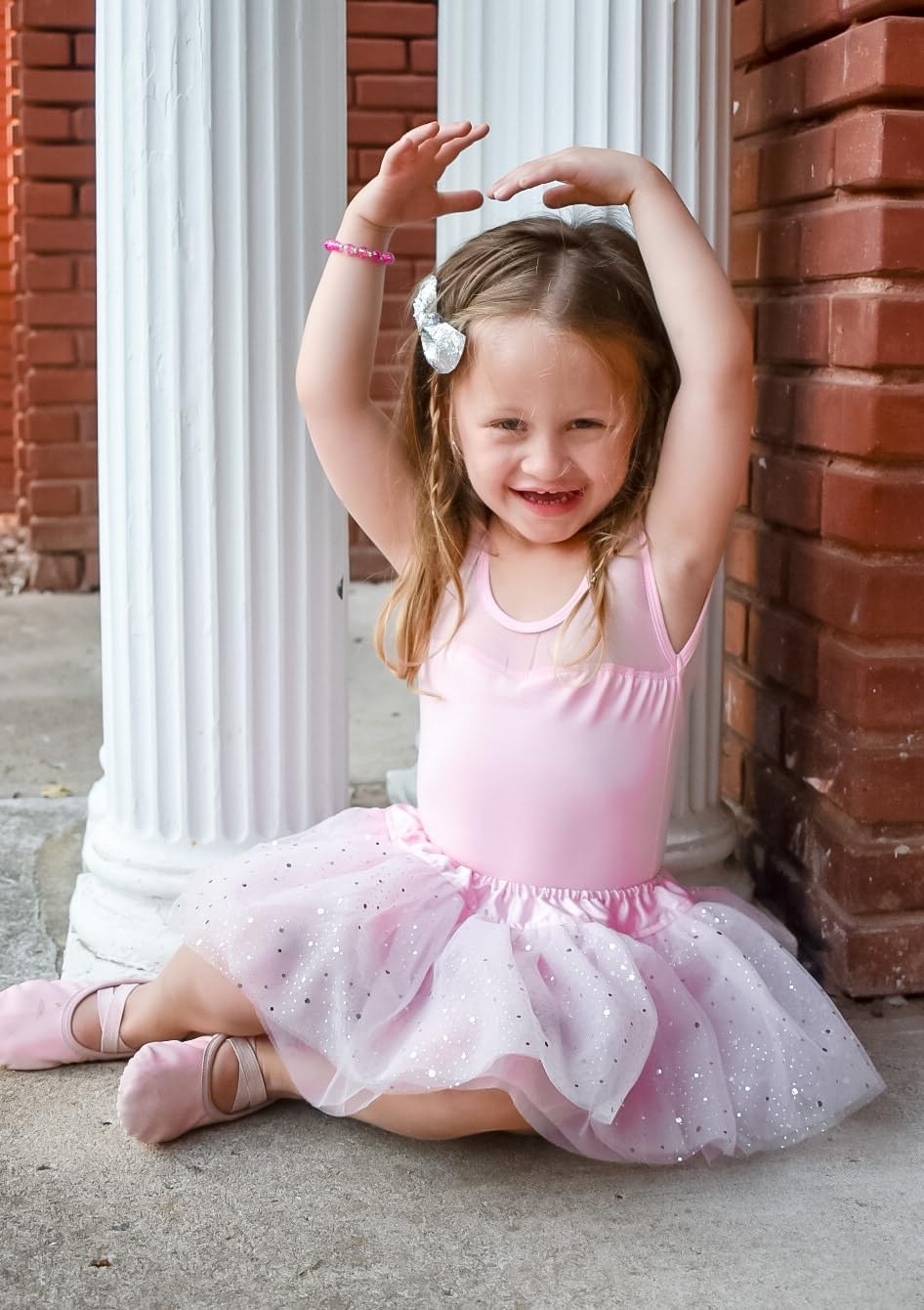 Stelle Leotards for Girls Ballet Dance Leotard Mesh Short Sleeve Gymnastics Outfits for Toddler/Little/Big Kids(Ballet Pink (Mesh Cap Sleeves))