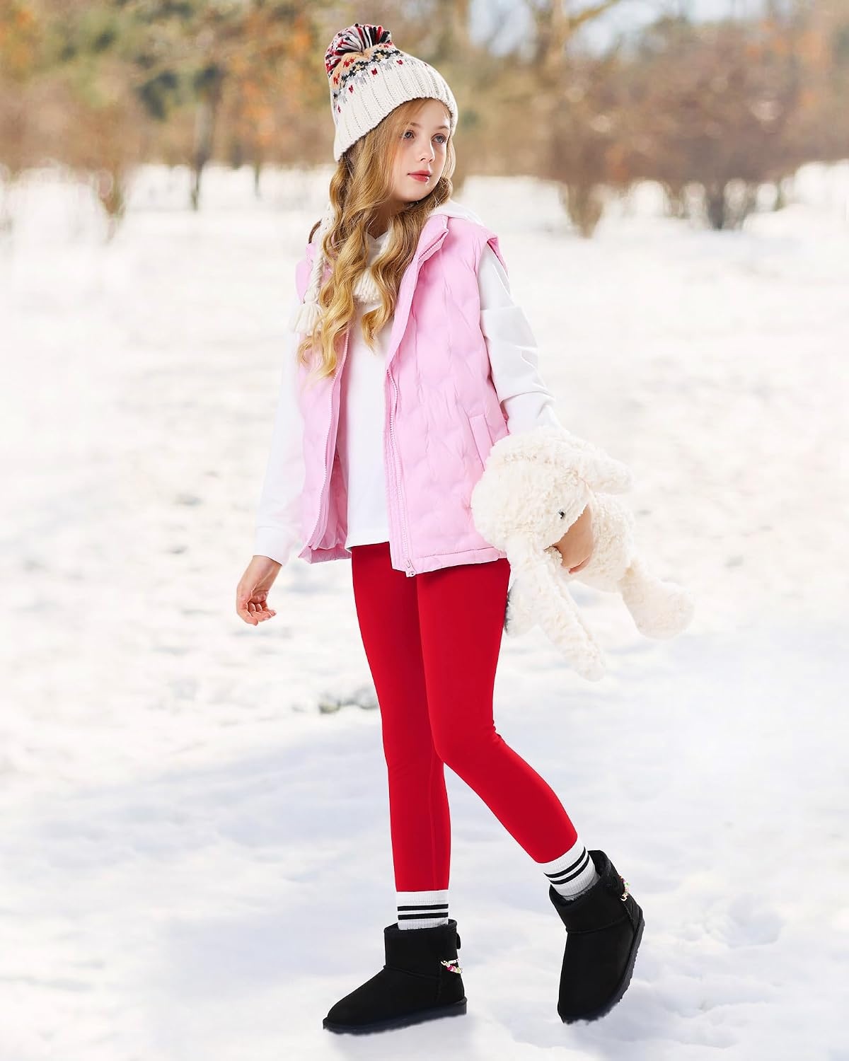 Stelle Girls Fleece Lined Leggings with Hidden Pocket High Waisted 2 Packs(Red)