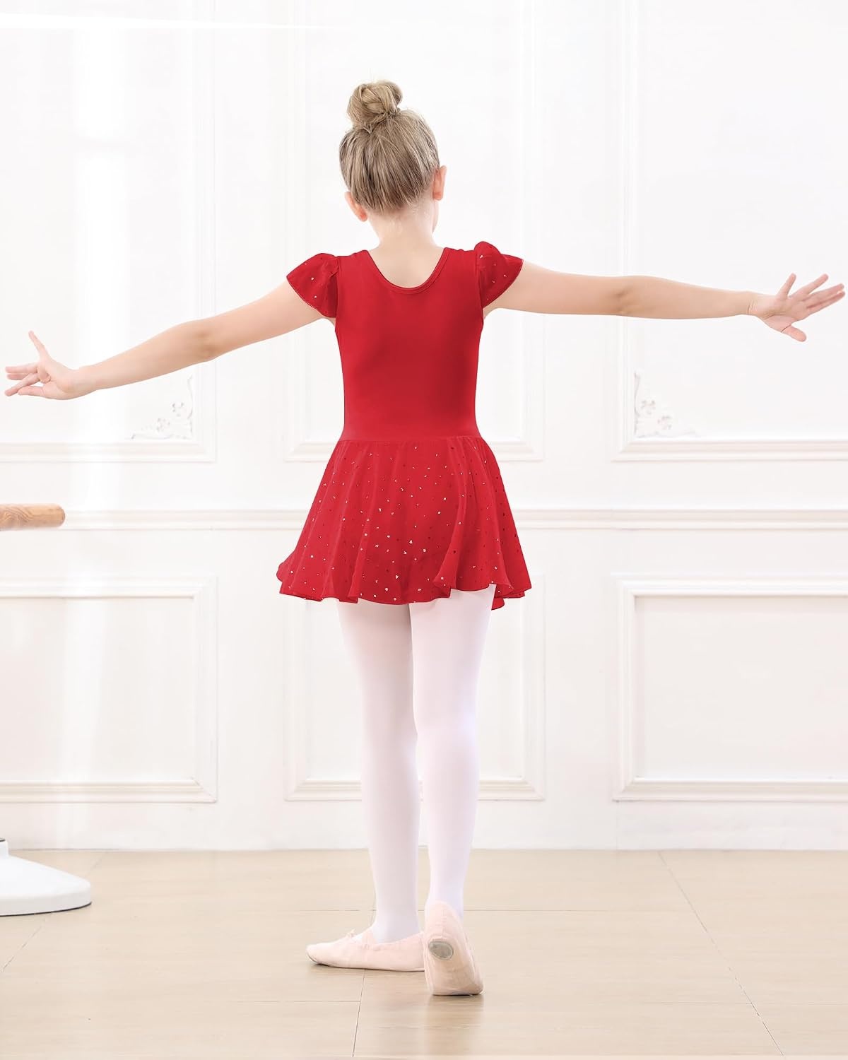 Stelle Ballet Leotards for Girls Dance Leotard with Skirt Toddler Pink Ballet Outfit Ruffle Sleeve Kids Dance Dress(1-red(shiny Skirt))