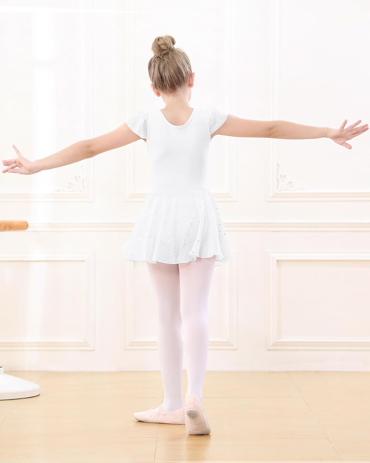 Stelle Ballet Leotards for Girls Dance Leotard with Skirt Kids Dance Dress | Ballet Dress for Toddler Girls, Ruffle Sleeve, Chiffon Skirt, Dance Costume for Performances, Birthday Party, Daily Wear(1-white(shiny Skirt))