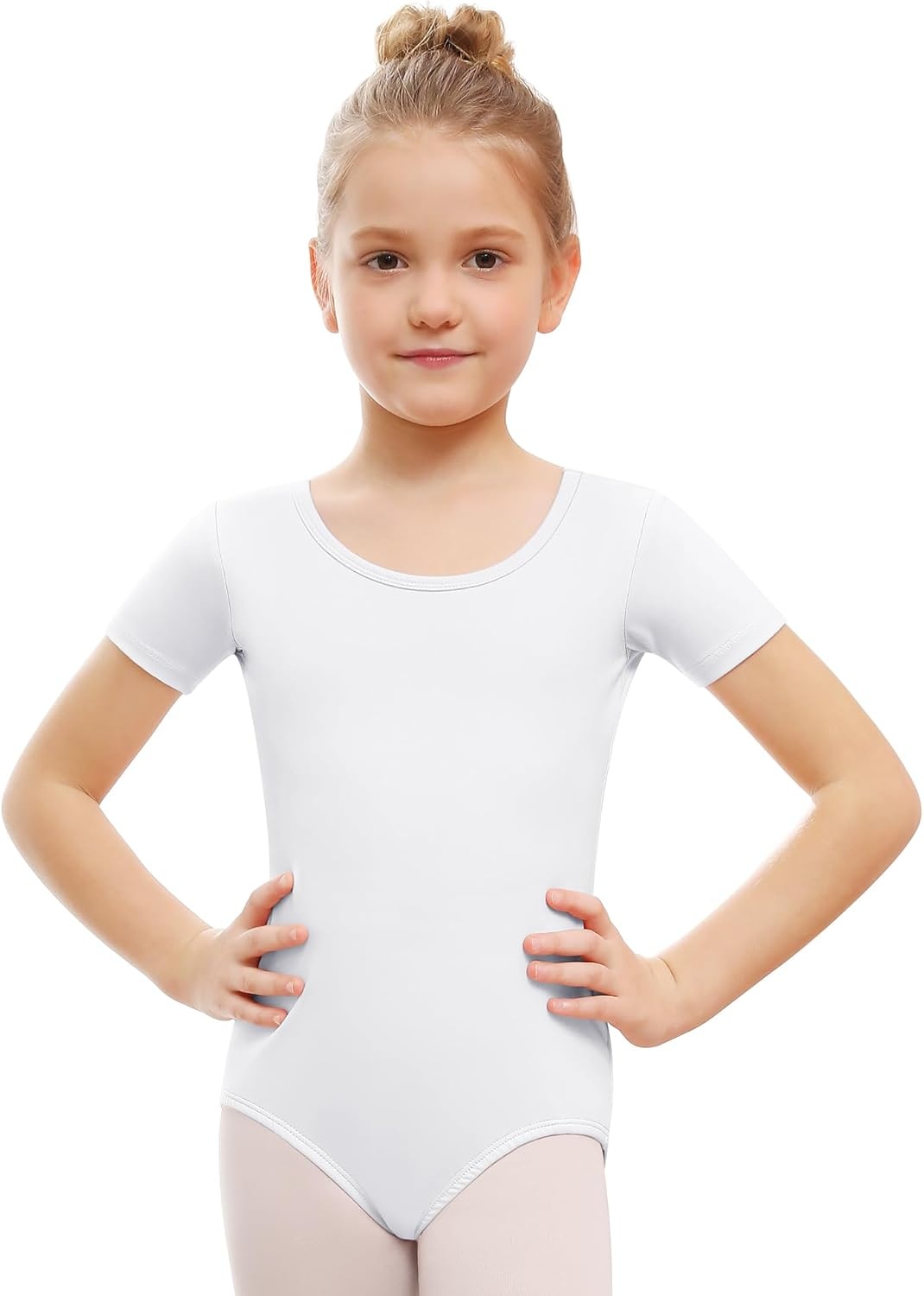 Stelle Leotards for Girls Ballet Scoop Neck Short Sleeve Leotard Gymnastics Dance Unitards(White)