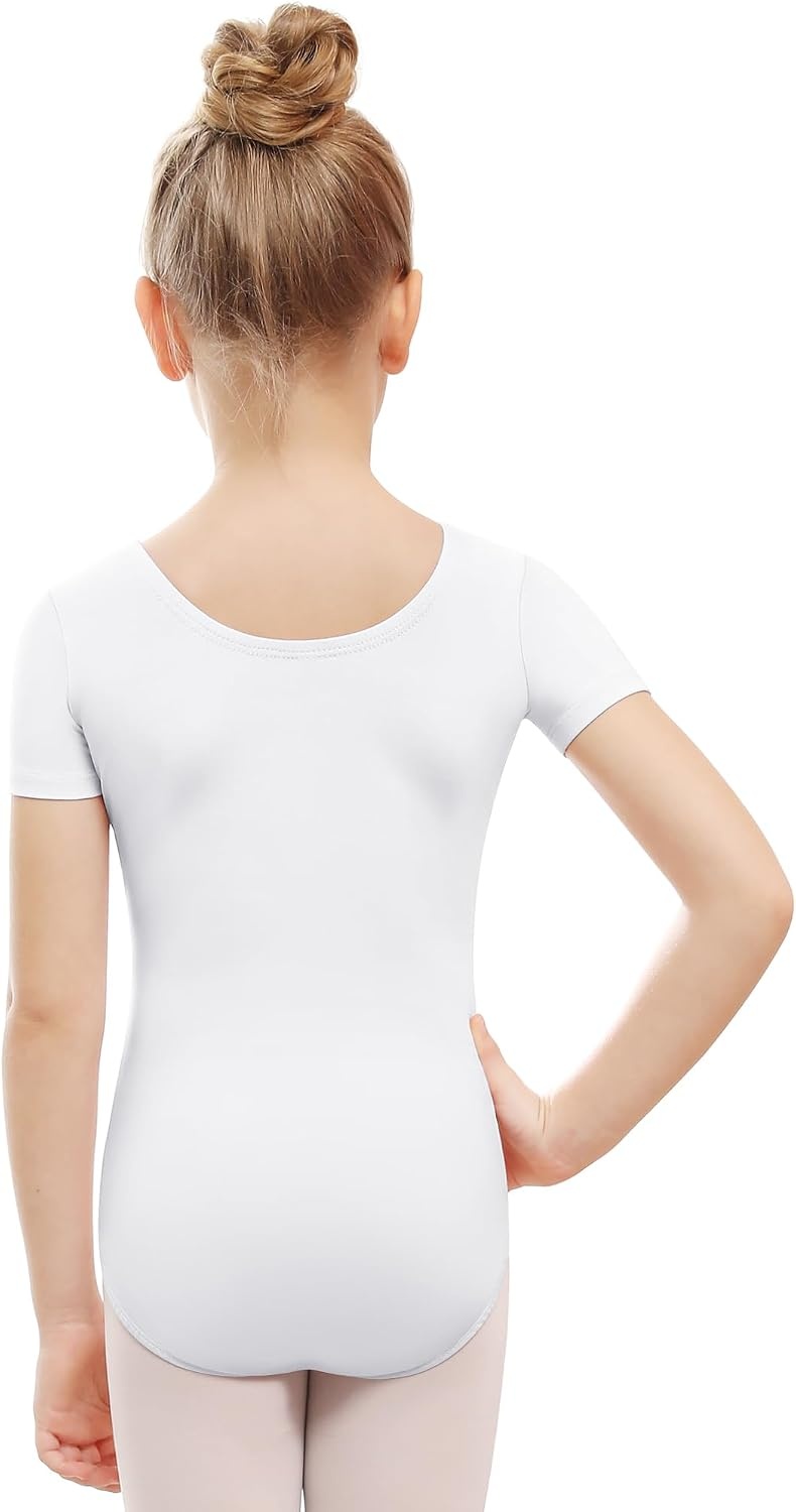 Stelle Leotards for Girls Ballet Scoop Neck Short Sleeve Leotard Gymnastics Dance Unitards(White)