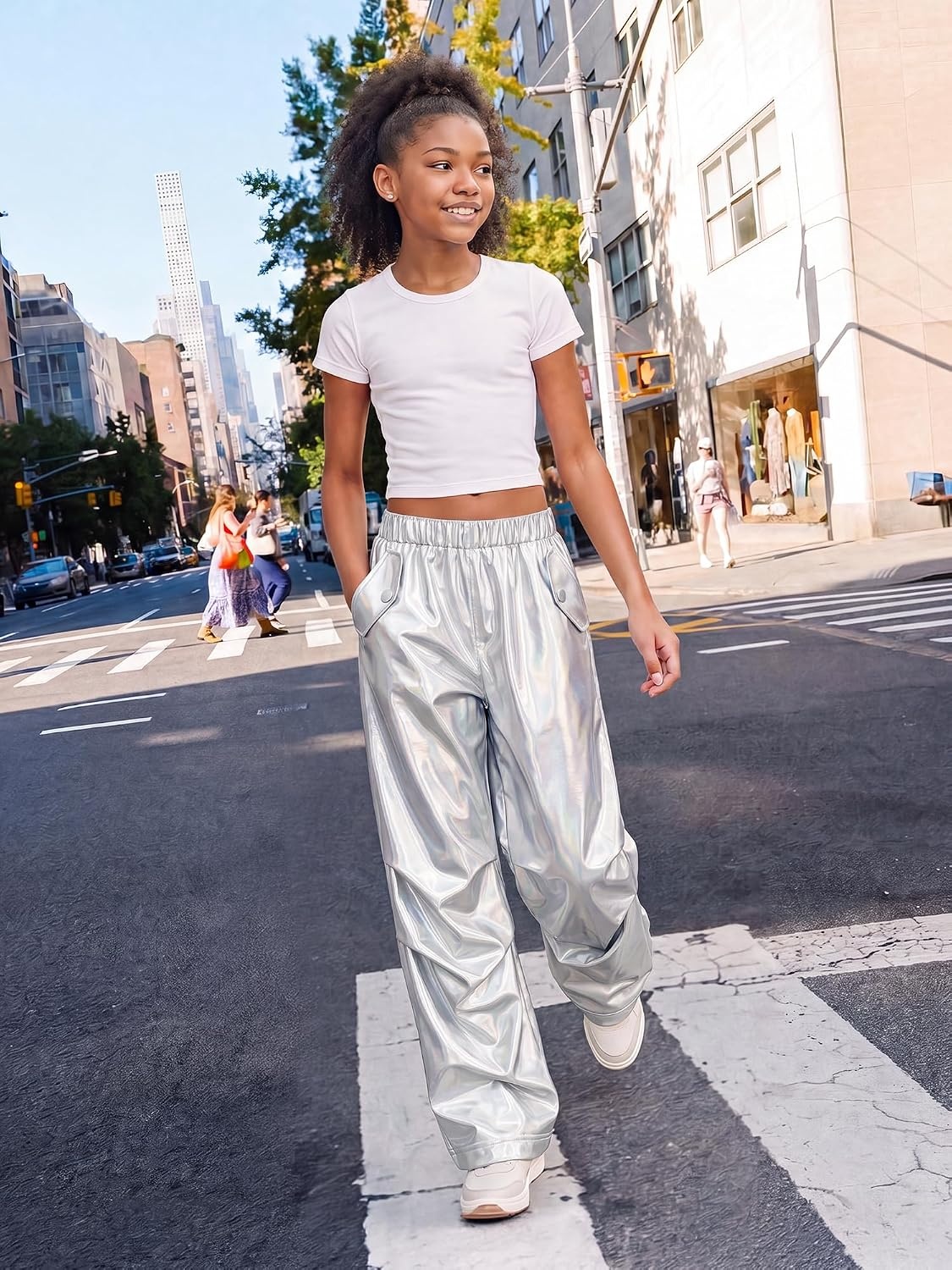 Stelle Girls Metallic Cargo Pants Shiny Hip Hop Dance Joggers Sparkly Stretchy Wide Leg Street Pants for Kids 4-15 Years(Holograph Silver)