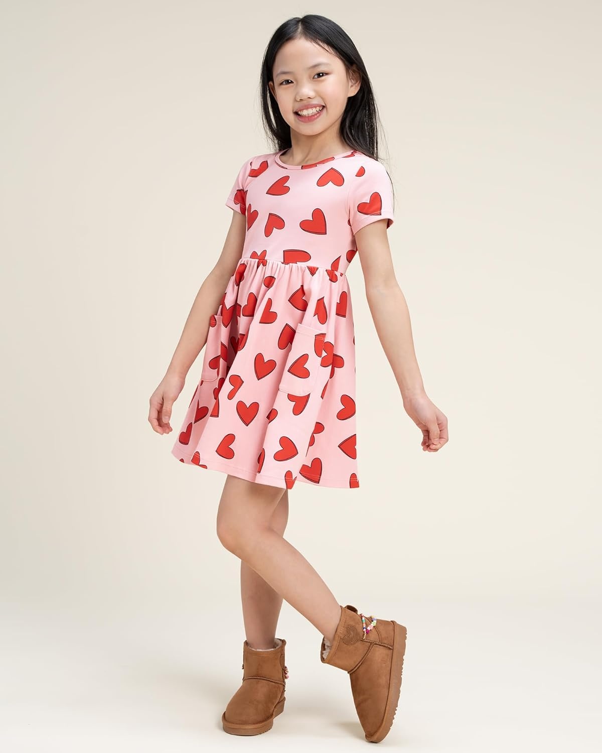 Stelle Girls Cotton Short Sleeve Twirl Skater Dress 3T-12Y | Twirl-Friendly Skirt, A Line,Criss Cross Back,Dress for School,Dance,Playwear,Casual,Active,Soft Stretch Breathable Comfy(Sweet Hearts)