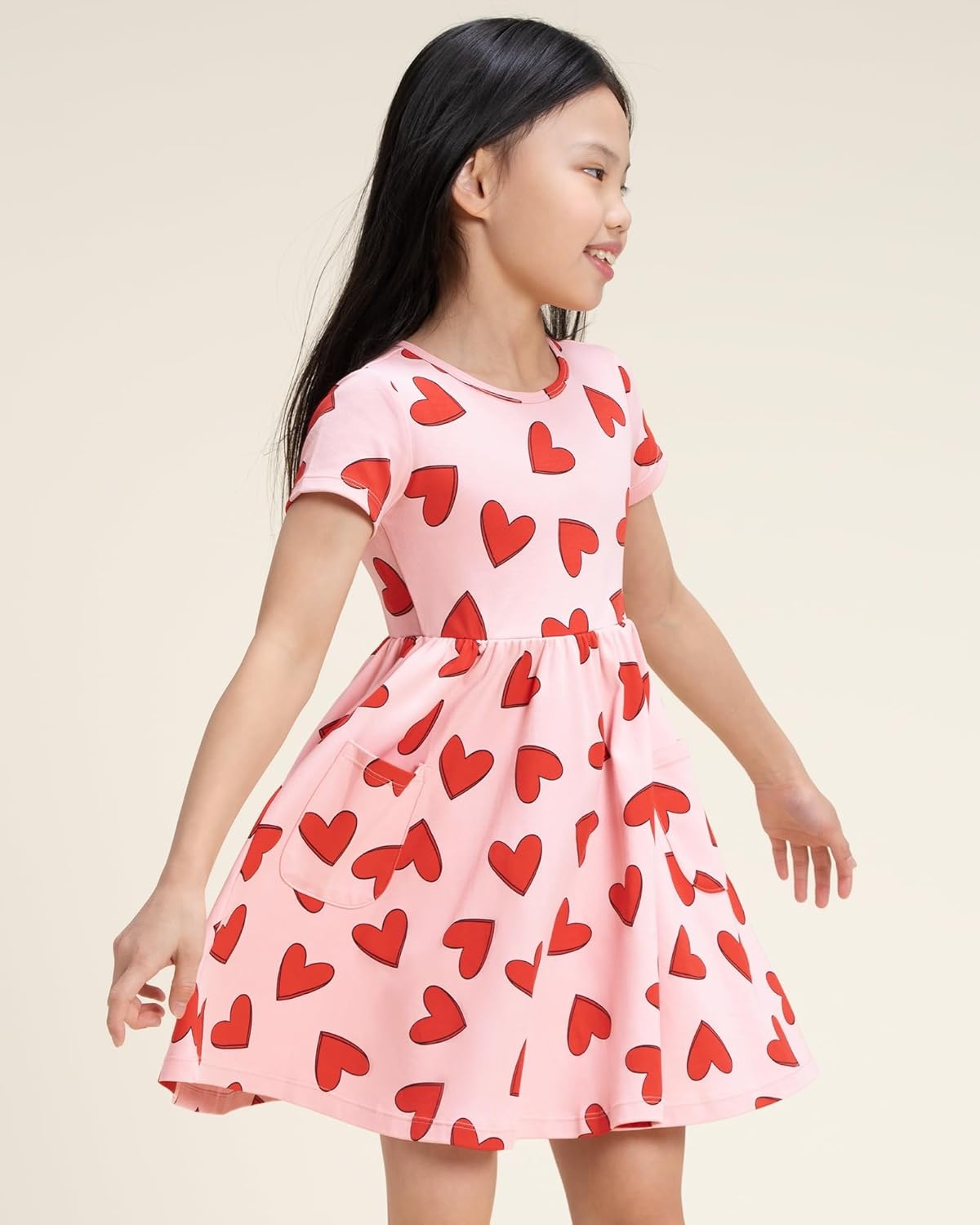 Stelle Girls Cotton Short Sleeve Twirl Skater Dress 3T-12Y | Twirl-Friendly Skirt, A Line,Criss Cross Back,Dress for School,Dance,Playwear,Casual,Active,Soft Stretch Breathable Comfy(Sweet Hearts)