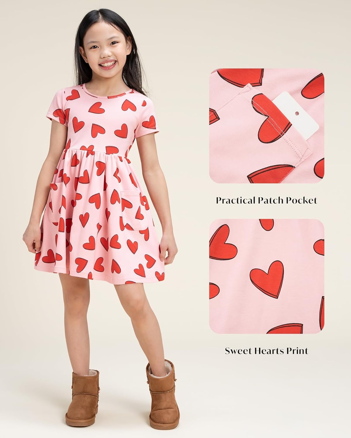 Stelle Girls Cotton Short Sleeve Twirl Skater Dress 3T-12Y | Twirl-Friendly Skirt, A Line,Criss Cross Back,Dress for School,Dance,Playwear,Casual,Active,Soft Stretch Breathable Comfy(Sweet Hearts)