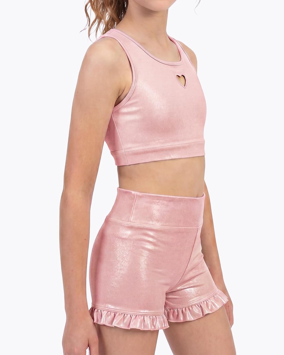 Stelle Girls Dance Tops Sparkly Metallic Crop Tank Top Racerback(Pink)