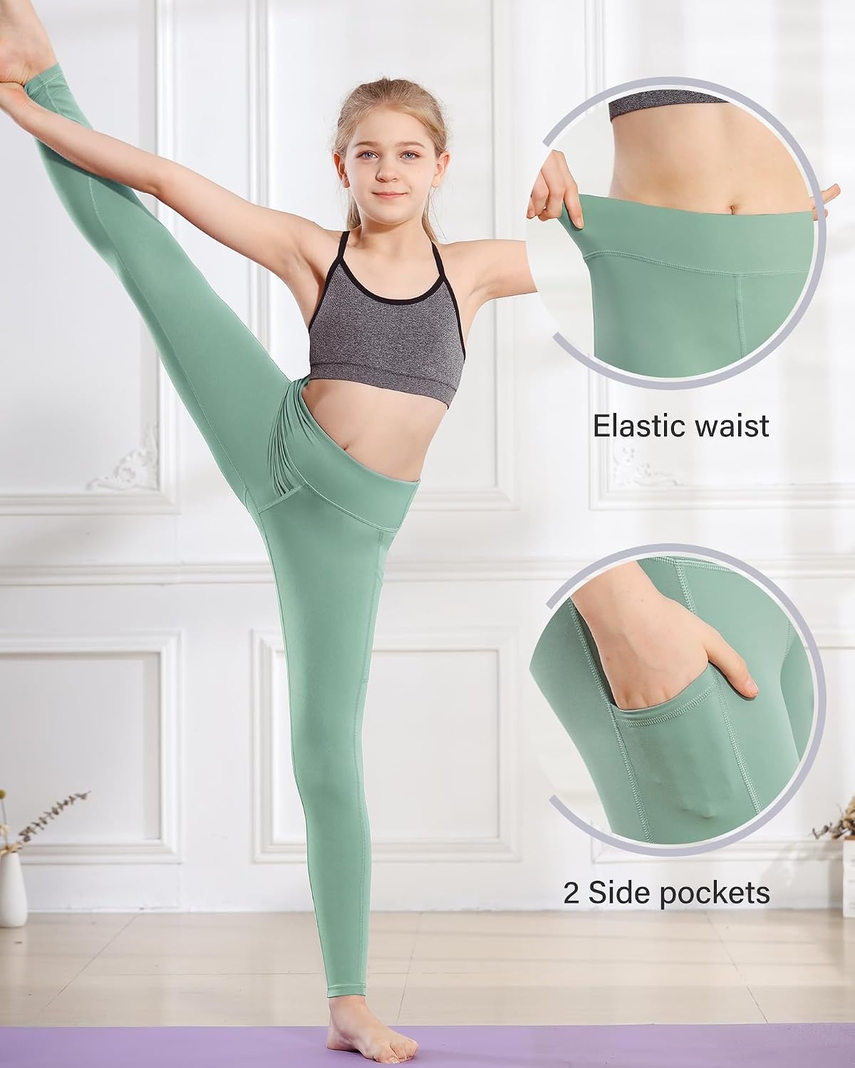 Stelle Girls Leggings with Pockets Kids Dance Yoga Running Athletic Pants | Soft 4-Way Stretch,High-Rise Wide Waistband,Side Pockets,Moisture-Wicking,Non-See-Through for Dance,Yoga,Running,Daily Wear(Jade Green)