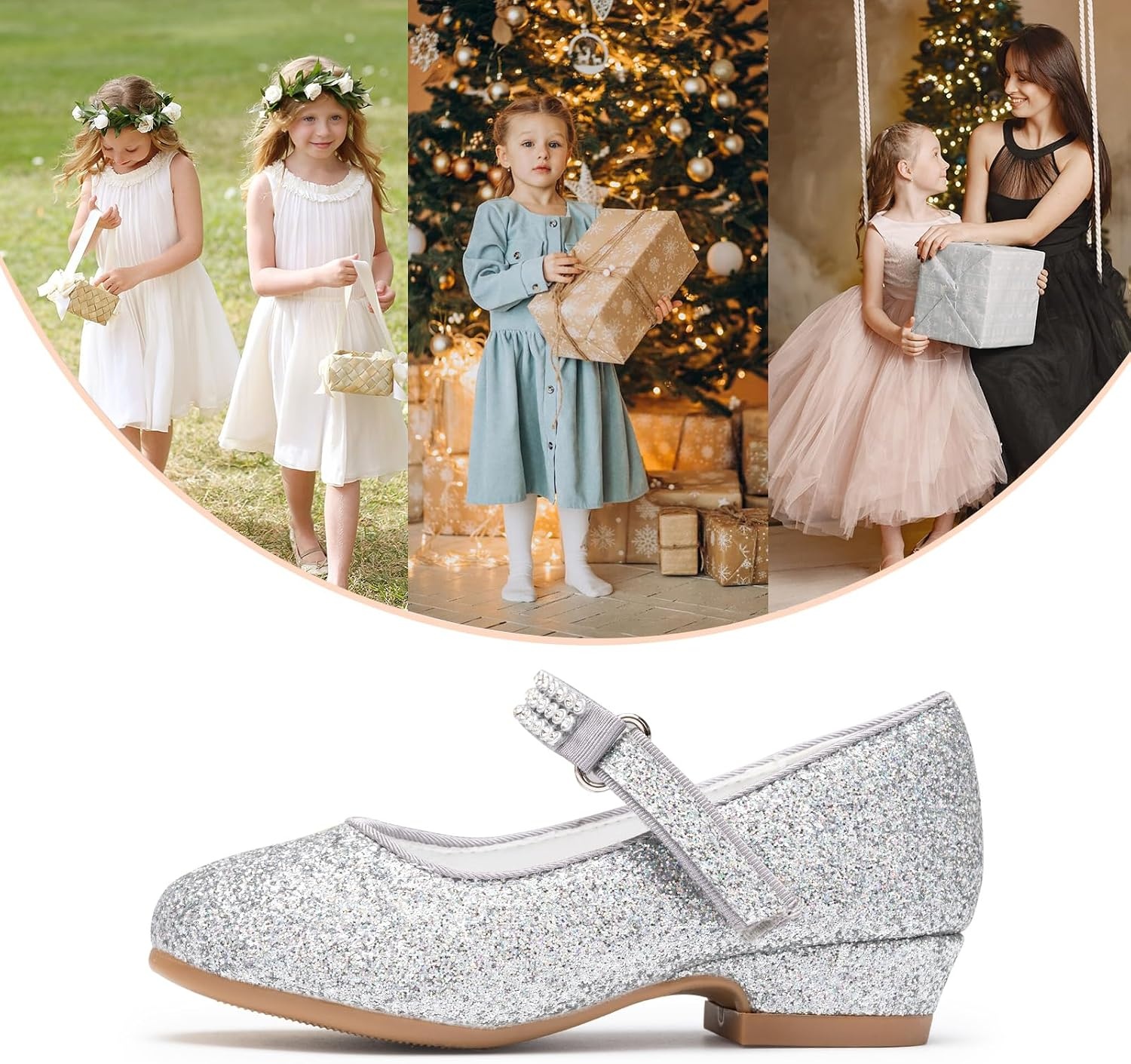 Stelle Girls Mary Jane Dress Shoes Low Heel Glitter Patent Bow Kids Party Wedding Flower Girl School Shoes(Toddler/Little/Big Kid)(Glitter Mary Jane-silver)
