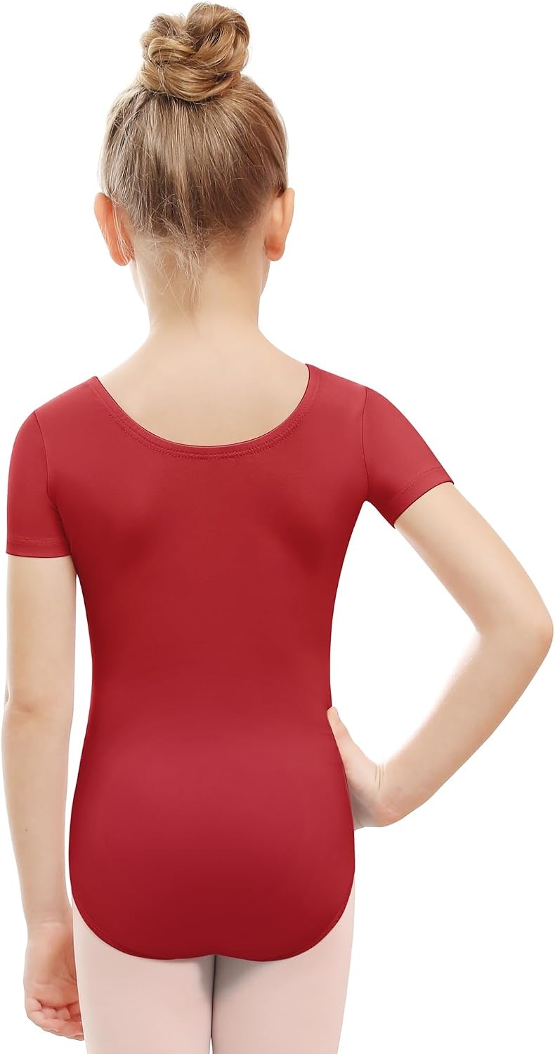 Stelle Leotards for Girls Ballet Scoop Neck Short Sleeve Leotard Gymnastics Dance Unitards(Crimson)