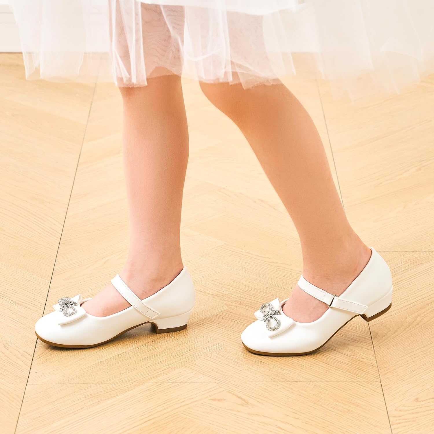 Stelle Dress Shoes for Girls Rhinestone Bow Low Heels for Wedding Party | Flower Girl, Sparkling bow detail, Cushioned insole, Flexible outsole, School events, Dress-up, Comfortable fit(1-white)