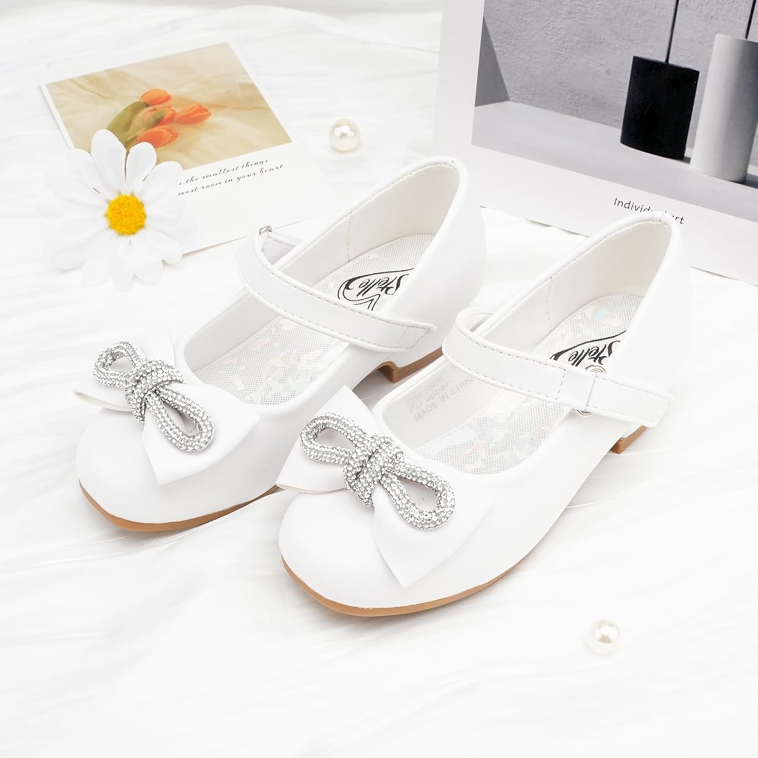 Stelle Dress Shoes for Girls Rhinestone Bow Low Heels for Wedding Party | Flower Girl, Sparkling bow detail, Cushioned insole, Flexible outsole, School events, Dress-up, Comfortable fit(1-white)
