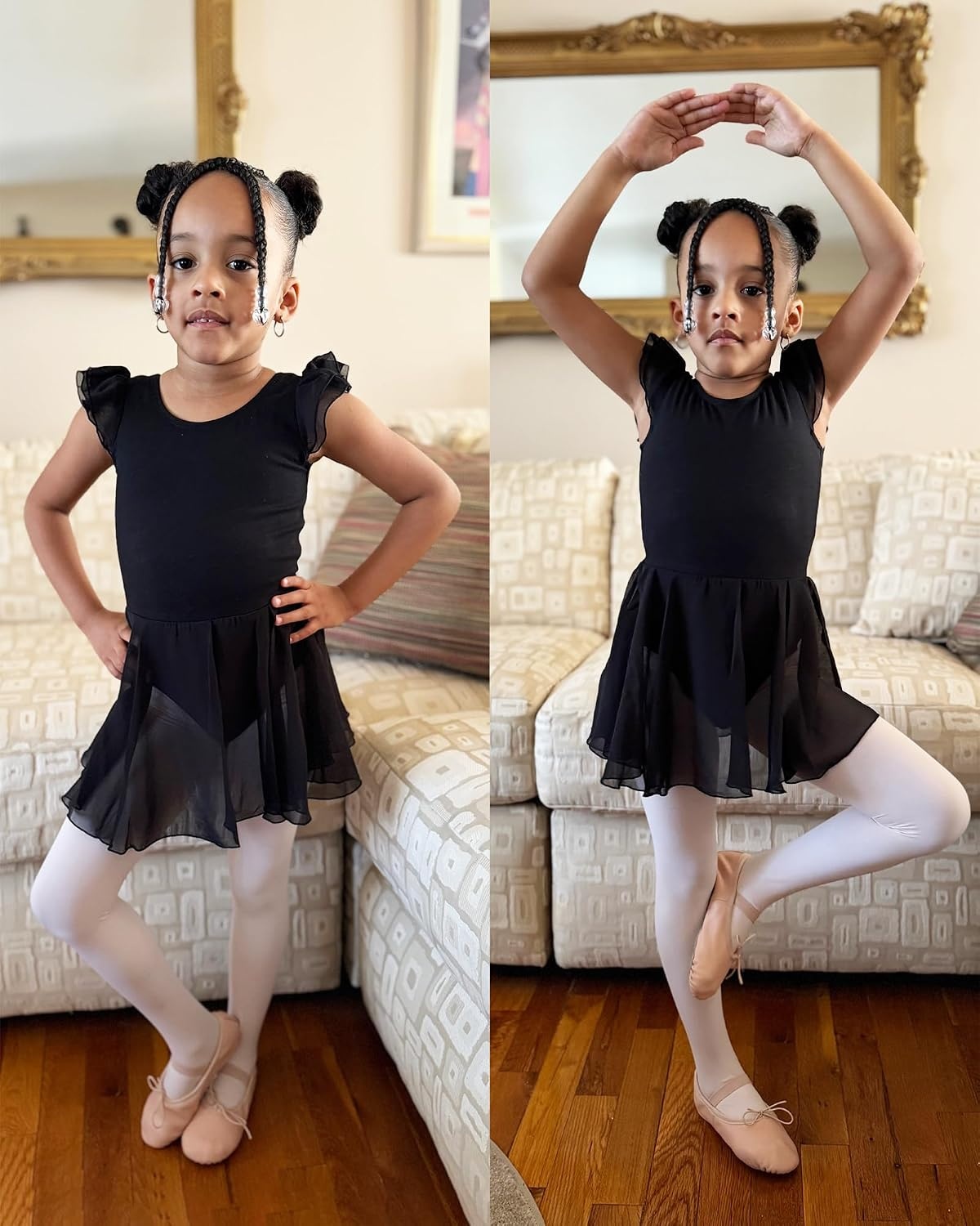 Stelle Ballet Leotards for Girls Dance Leotard with Skirt Kids Dance Dress | Ballet Dress for Toddler Girls, Ruffle Sleeve, Chiffon Skirt, Dance Costume for Performances, Birthday Party, Daily Wear(2-black)