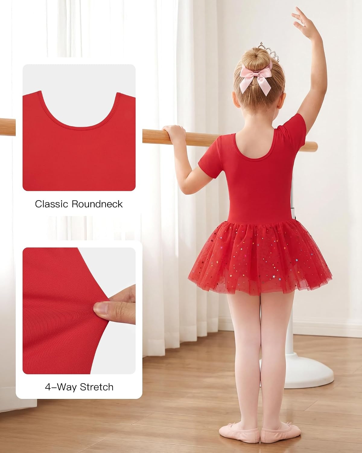 Stelle Girls Ballet Leotards with Sequin Tutu Dress Toddler Dance Outfit | Girls Dance Tutu Dresses, Short Sleeve, Fluffy Tulle skirted, Ballerina Costumes for Dance Classes, Recitals, Performance(Red)