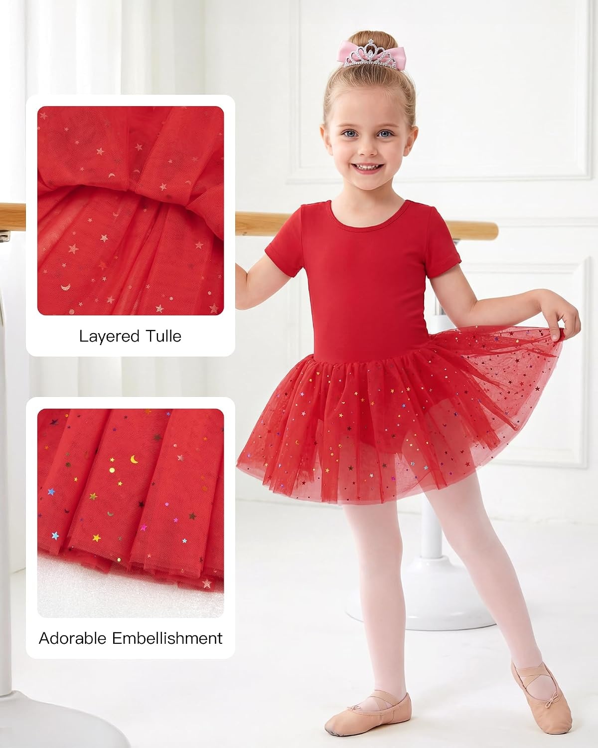 Stelle Girls Ballet Leotards with Sequin Tutu Dress Toddler Dance Outfit | Girls Dance Tutu Dresses, Short Sleeve, Fluffy Tulle skirted, Ballerina Costumes for Dance Classes, Recitals, Performance(Red)