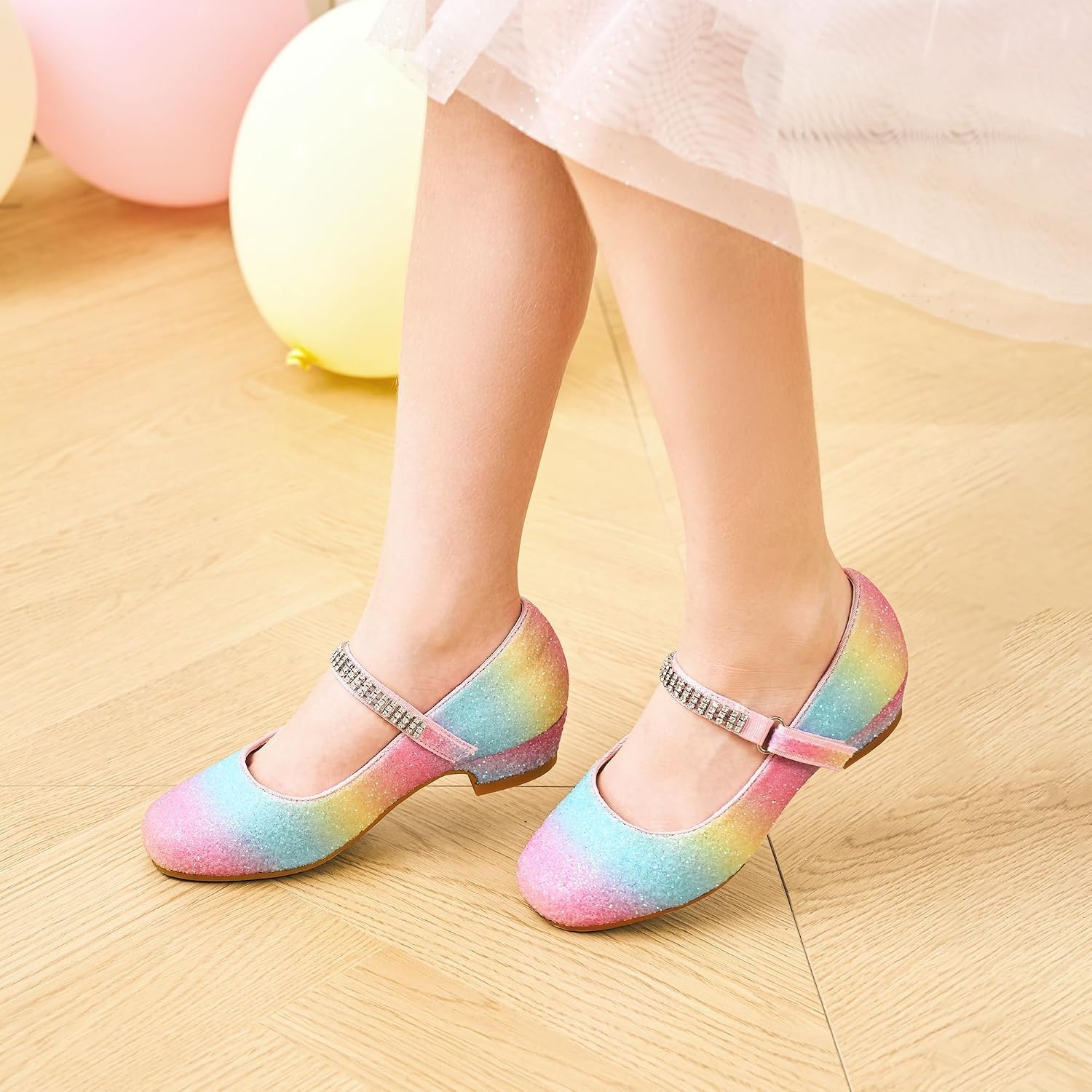 Stelle Girls Mary Jane Dress Shoes Low Heel Glitter Patent Bow Kids Party Wedding Flower Girl School Shoes(Toddler/Little/Big Kid)(Glitter Mary Jane-rainbow)