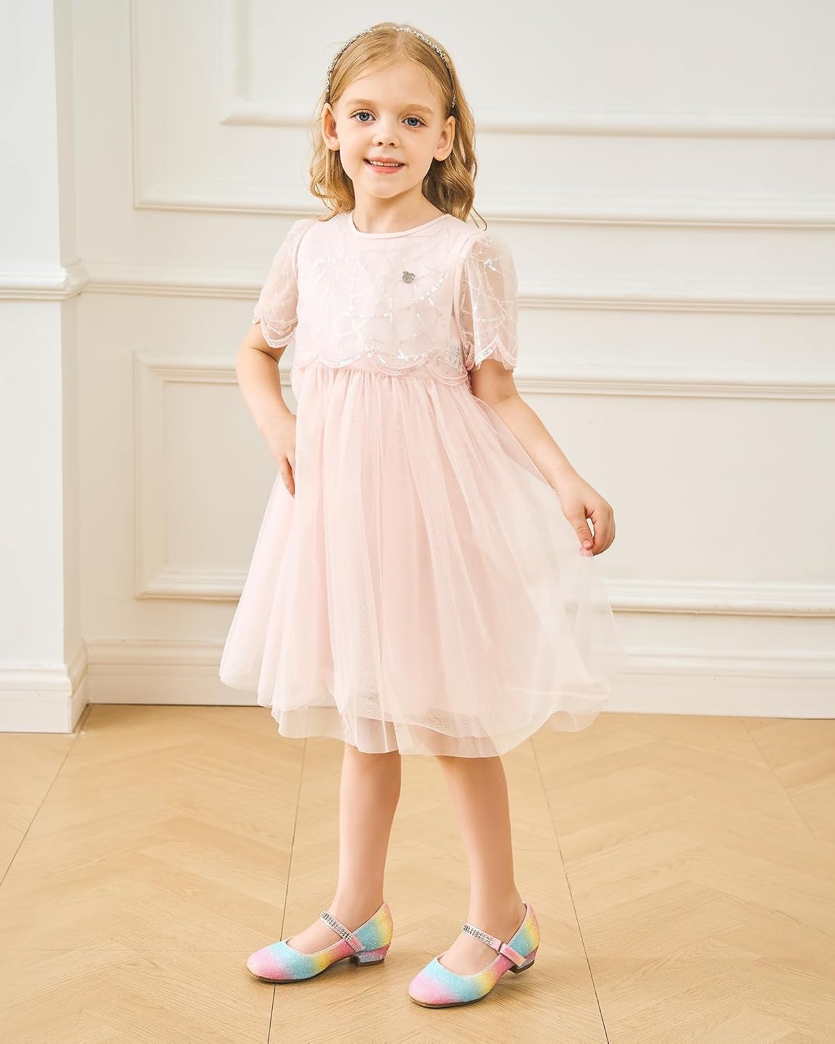 Stelle Girls Mary Jane Dress Shoes Low Heel Glitter Patent Bow Kids Party Wedding Flower Girl School Shoes(Toddler/Little/Big Kid)(Glitter Mary Jane-rainbow)