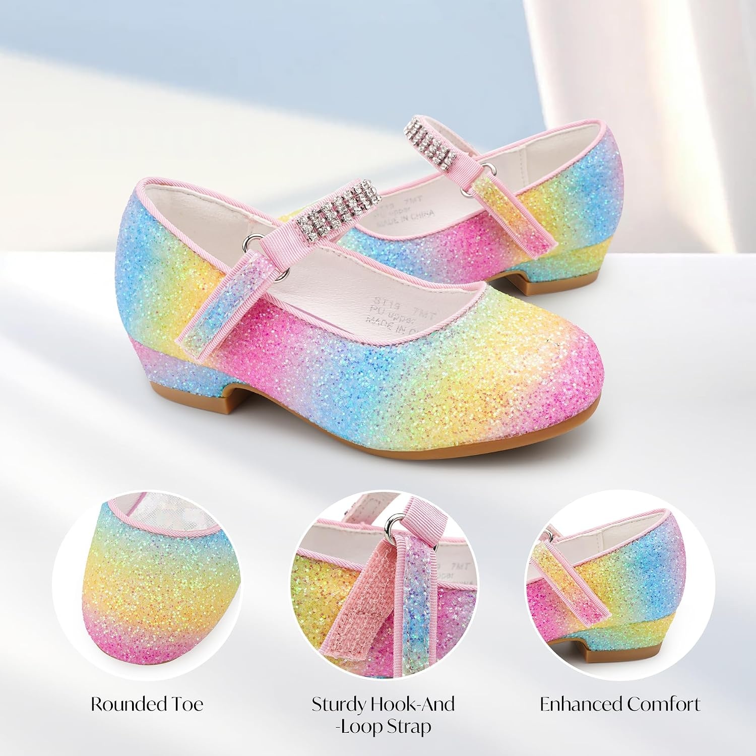 Stelle Girls Mary Jane Dress Shoes Low Heel Glitter Patent Bow Kids Party Wedding Flower Girl School Shoes(Toddler/Little/Big Kid)(Glitter Mary Jane-rainbow)