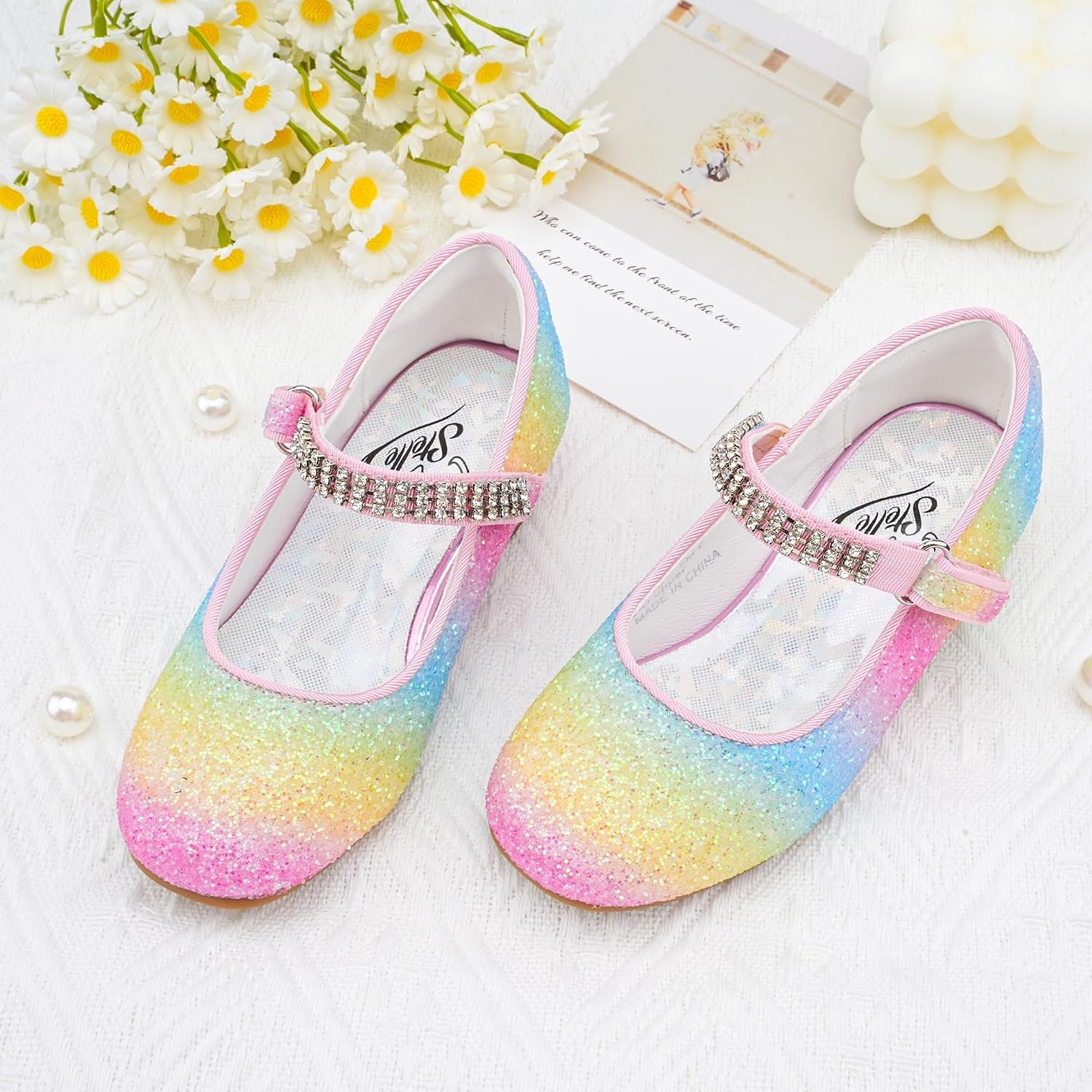 Stelle Girls Mary Jane Dress Shoes Low Heel Glitter Patent Bow Kids Party Wedding Flower Girl School Shoes(Toddler/Little/Big Kid)(Glitter Mary Jane-rainbow)
