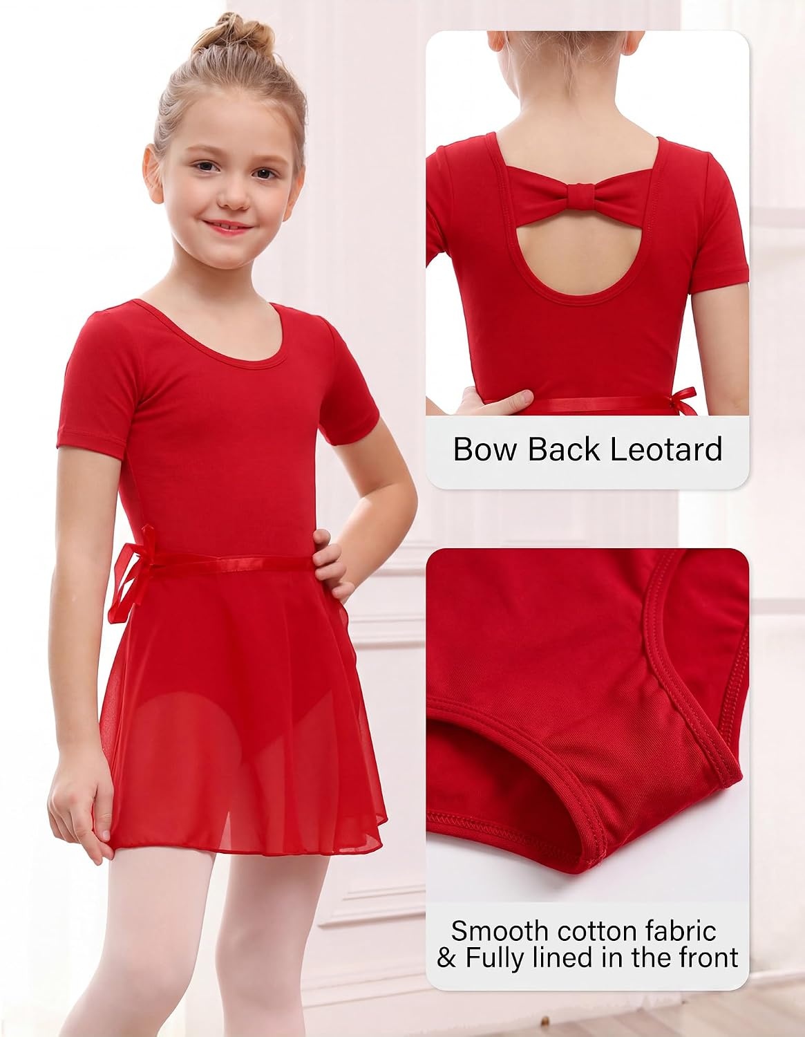 Stelle Girls Ballet Leotards Toddler Dance Combo with Skirt and Tights(2-red (Bow Back))