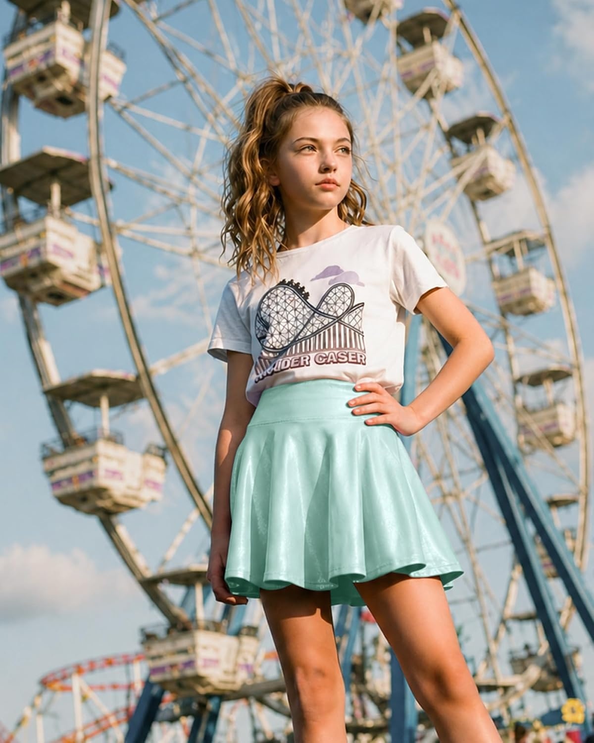 Stelle Girls Metallic Skirt with Short High Waisted Skort 6-15 Years(Light Blue)