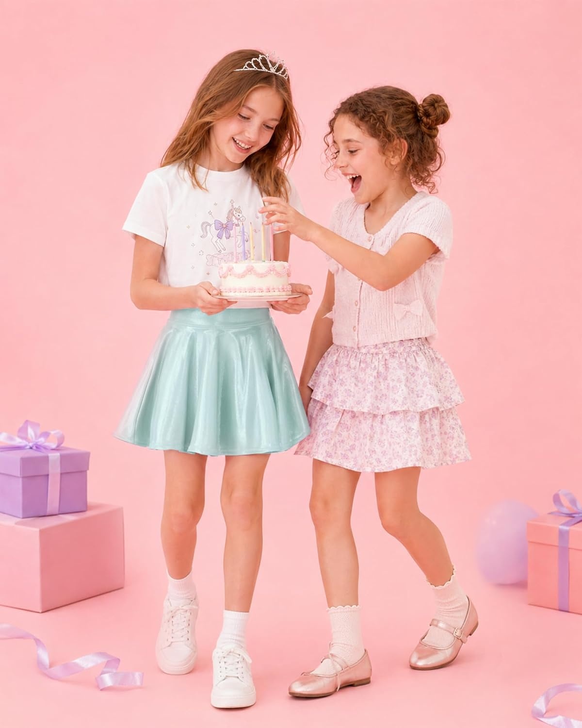 Stelle Girls Metallic Skirt with Short High Waisted Skort 6-15 Years(Light Blue)